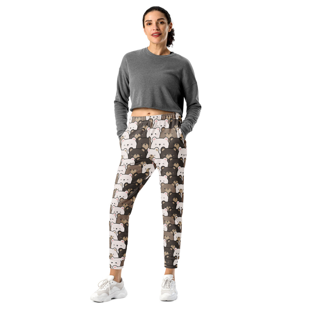 Women’s bear face recycled jogger pants with pockets featuring white and brown cartoon bears on light fleece fabric