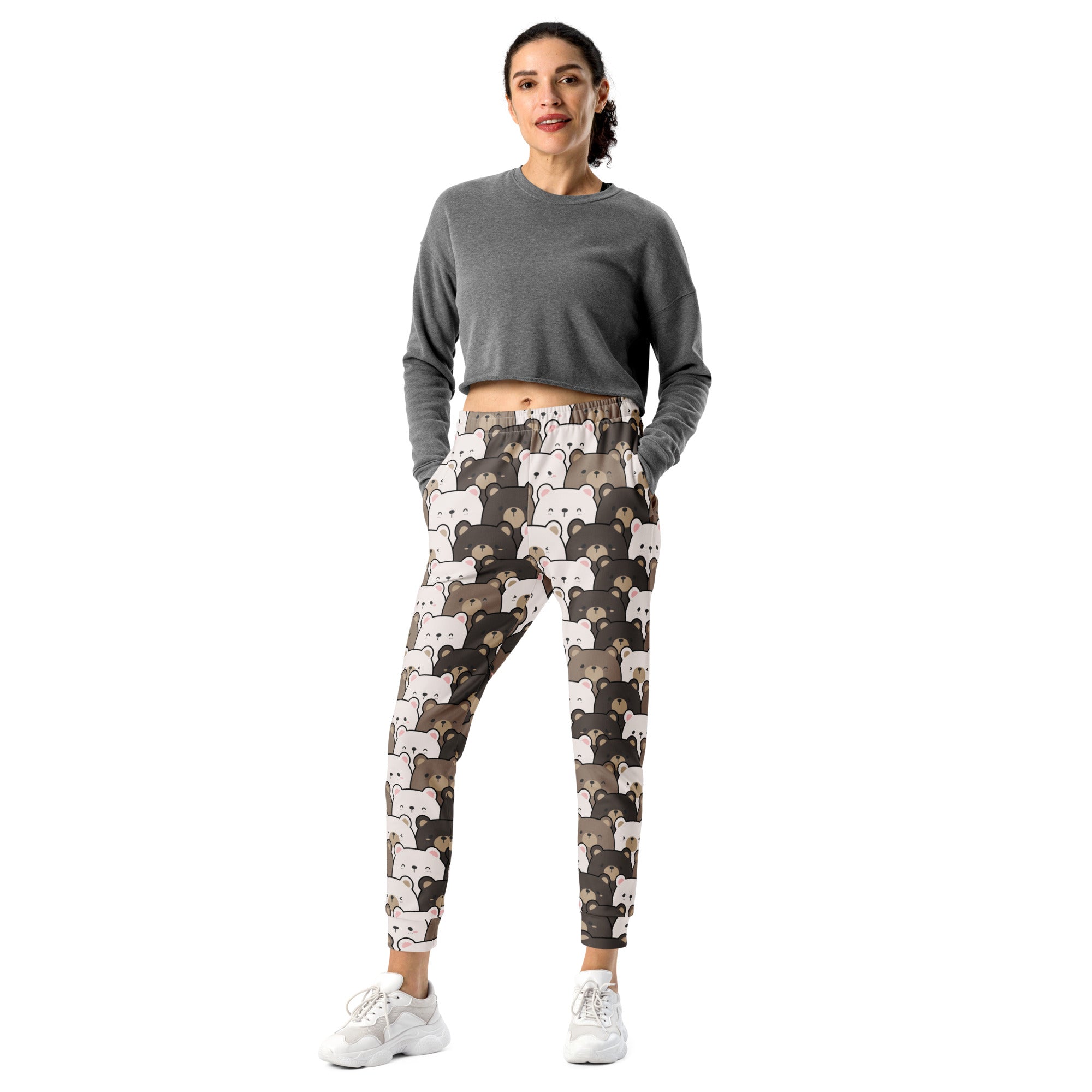Women’s bear face recycled jogger pants with pockets featuring white and brown cartoon bears on light fleece fabric