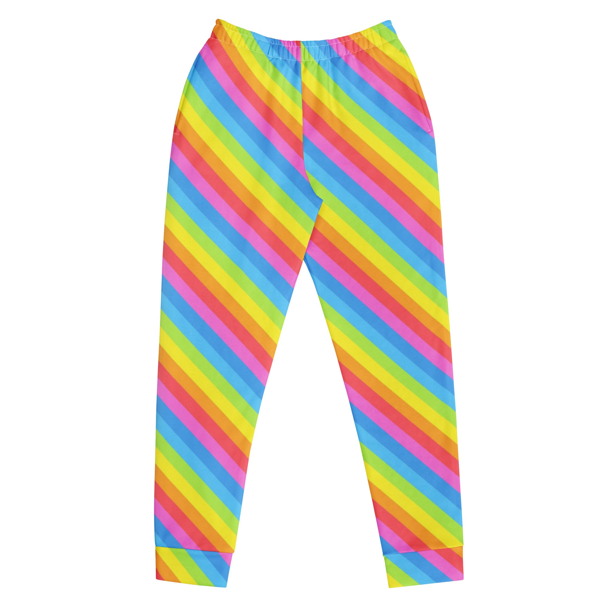 Women’s rainbow stripe recycled jogger pants with cozy brushed inside fleece and vibrant neon pink yellow blue diagonal pattern
