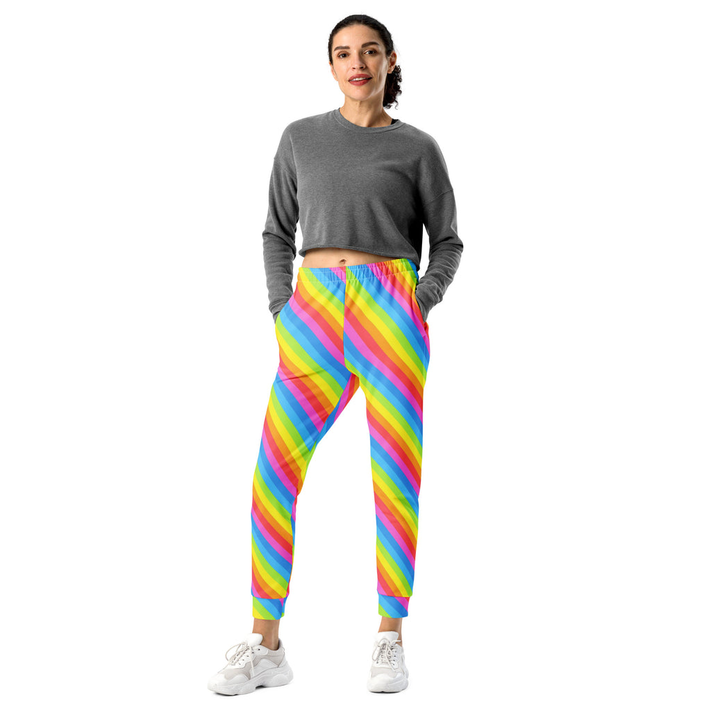 Women’s rainbow stripe recycled jogger pants with vibrant diagonal pattern cozy brushed fleece inside and pockets
