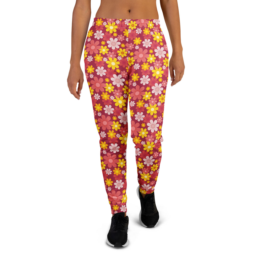 Women’s red floral recycled jogger pants with pink and yellow floral pattern cozy brushed inside fleece