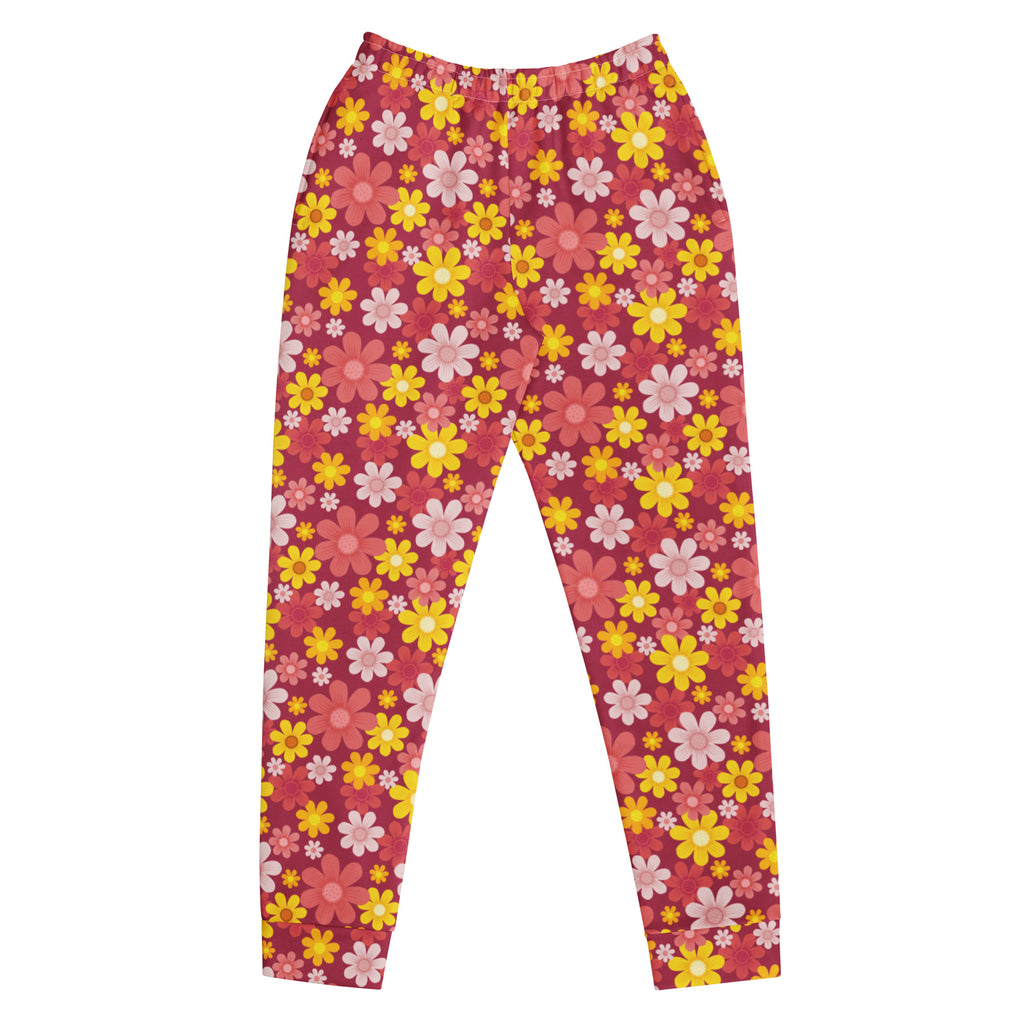 Women’s red floral recycled jogger pants with cozy brushed fleece inside and pink yellow floral patterned leggings with elastic waistband