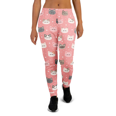 Women’s cute pink jogger pants with playful gray white and pink cartoon cat faces and cozy brushed fleece inside