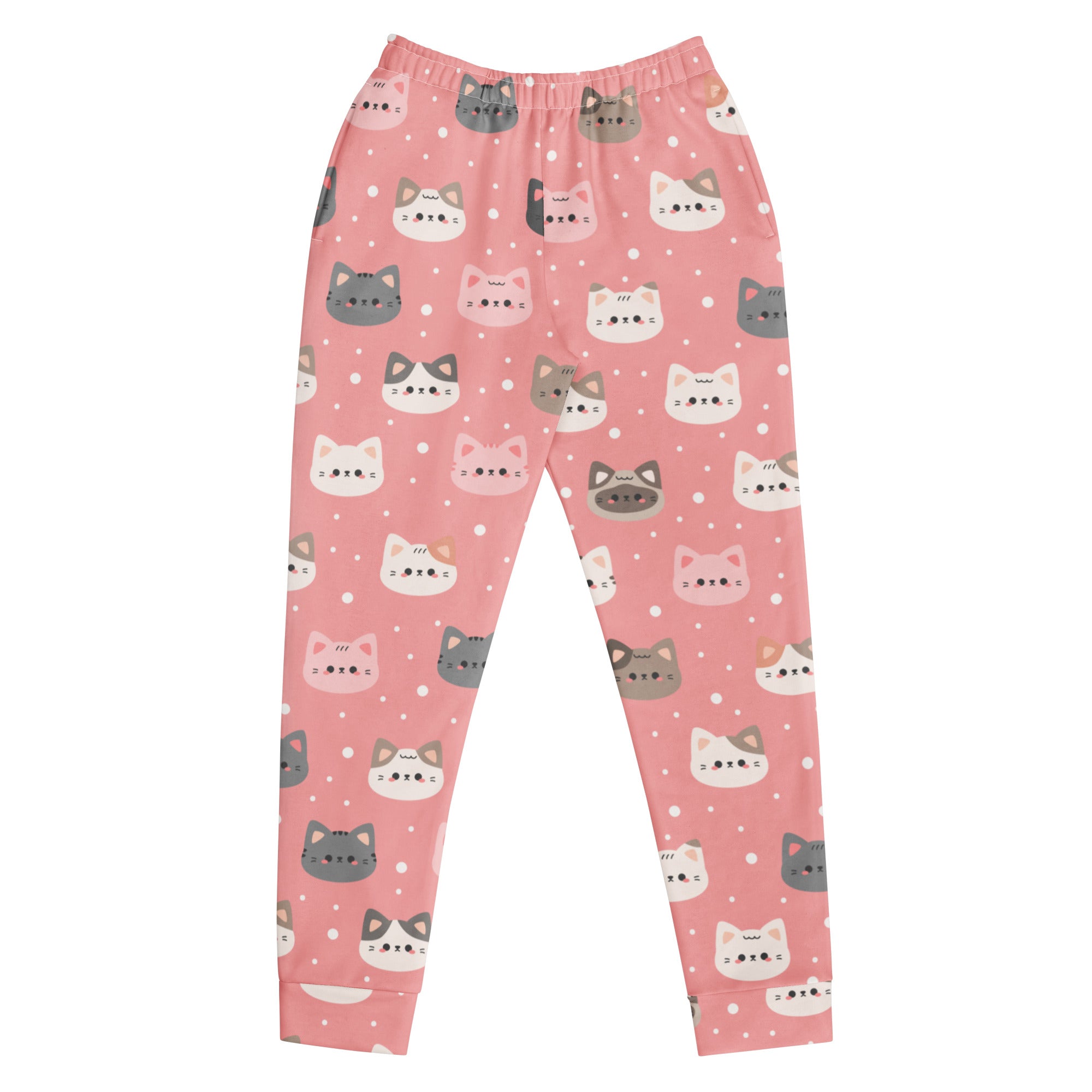 Women’s pink jogger pants with cozy brushed fleece inside featuring playful cartoon cat faces and polka dots