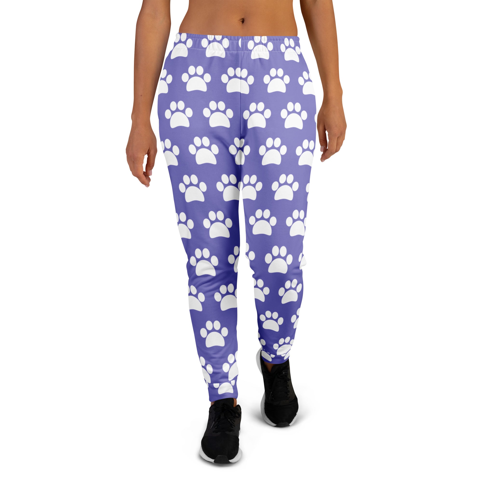 Women’s purple jogger pants with white paw print pattern cozy brushed fleece inside and pockets