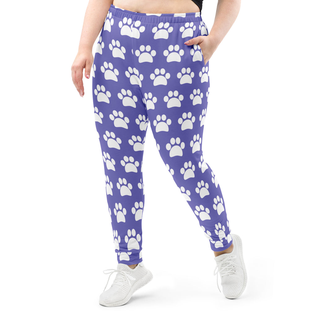 Women’s purple paw print recycled jogger pants with pockets and cozy brushed inside fleece lining
