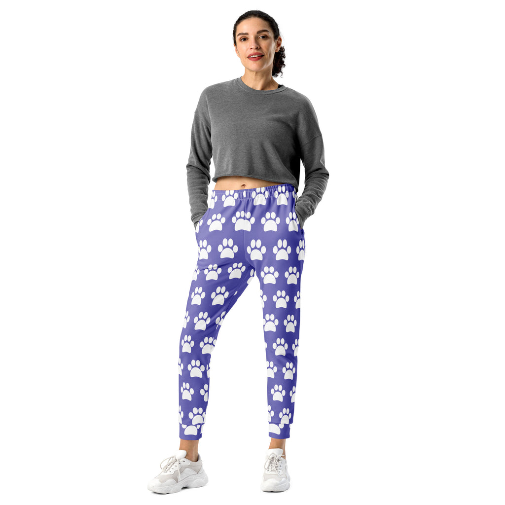 Women’s purple recycled jogger pants with white paw print pattern and cozy brushed inside fleece with pockets