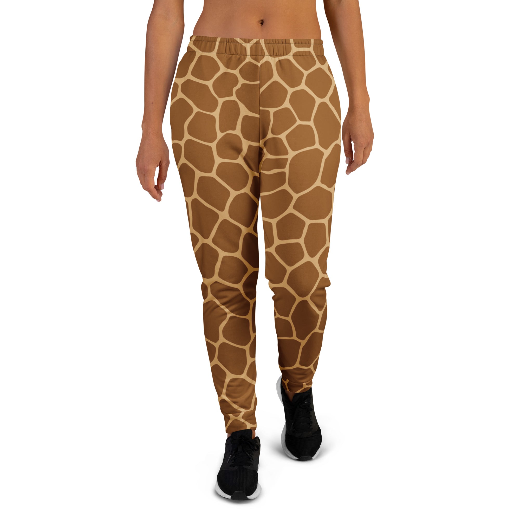 Women’s brown and cream giraffe print jogger pants with cozy brushed fleece inside and functional pockets