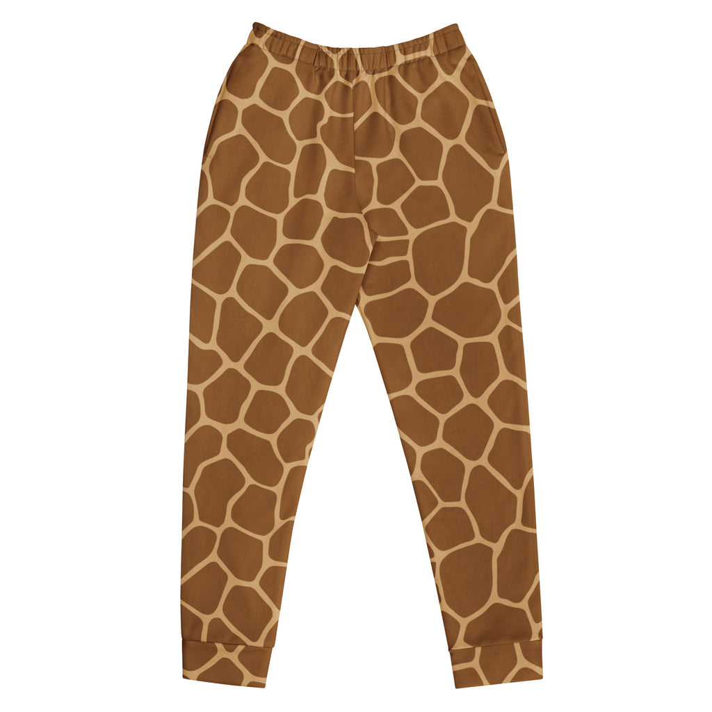 Women’s giraffe print recycled jogger pants in brown and beige with elastic waistband and cozy brushed fleece lining