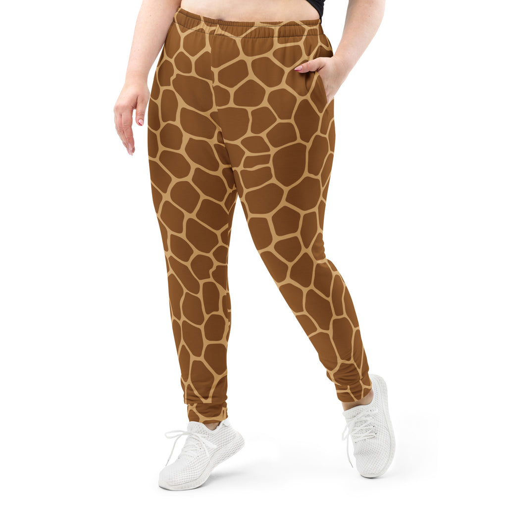 Women’s brown giraffe print recycled jogger pants with soft stretchy fabric elastic waistband and cozy fleece lining