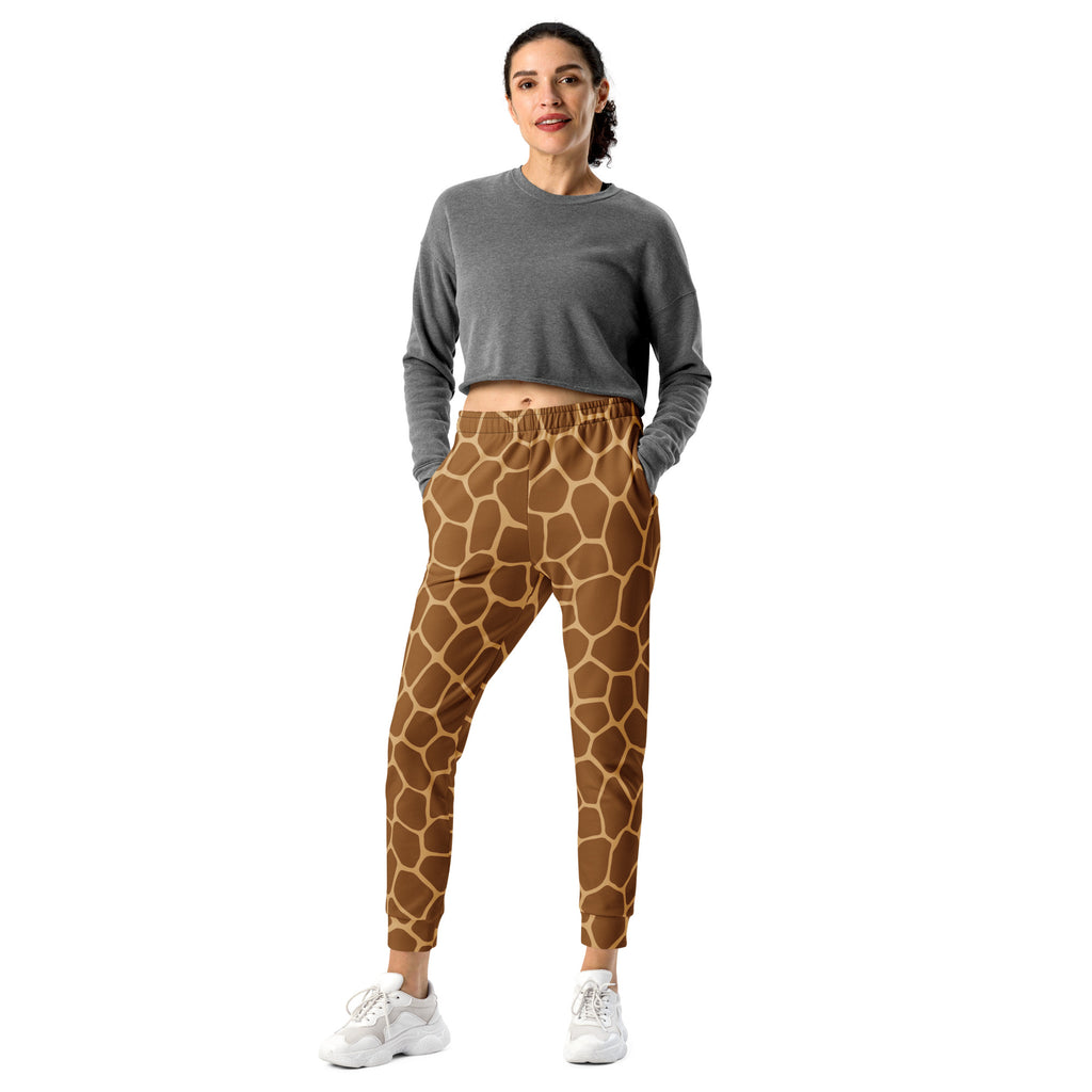 Women’s brown and tan giraffe print recycled jogger pants with elastic waistband and cozy brushed fleece lining