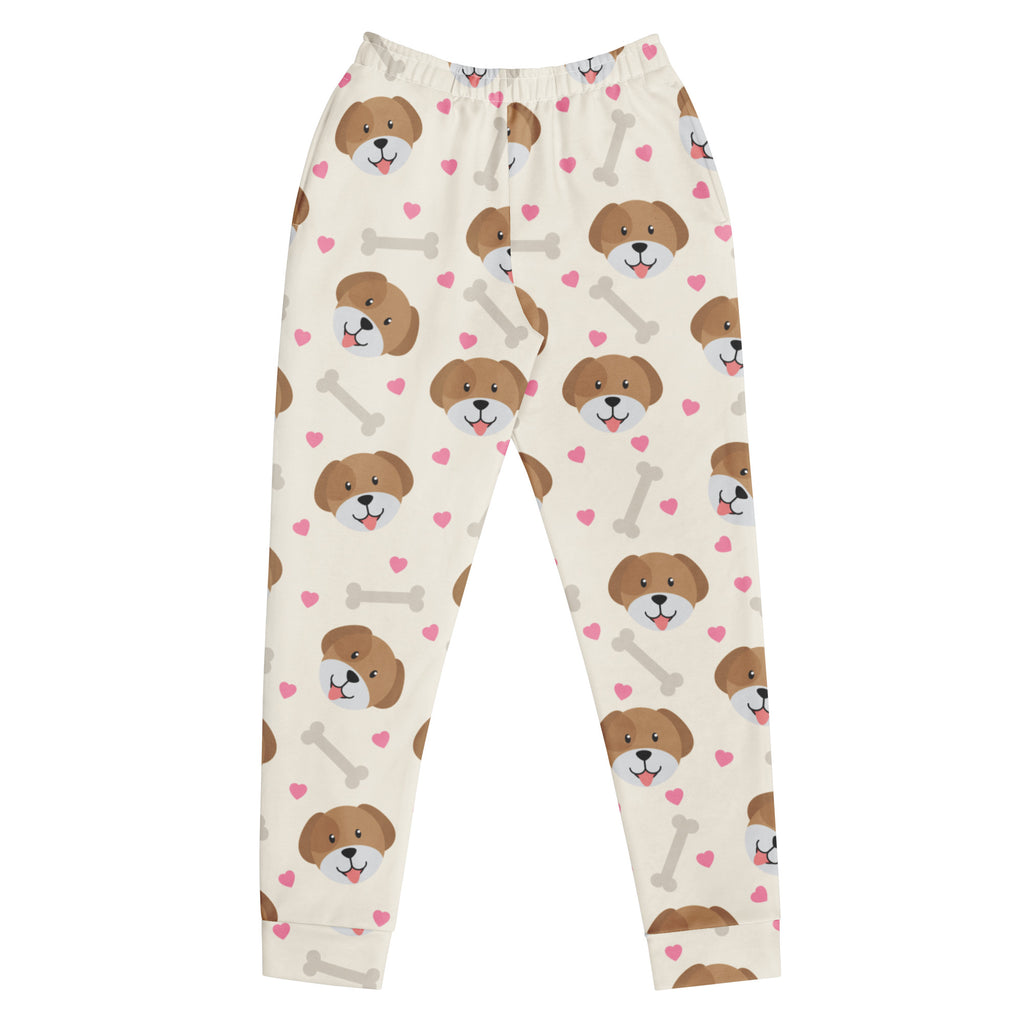 Cream-colored women’s recycled jogger pants with brown dog faces pink hearts gray bones cozy brushed fleece inside