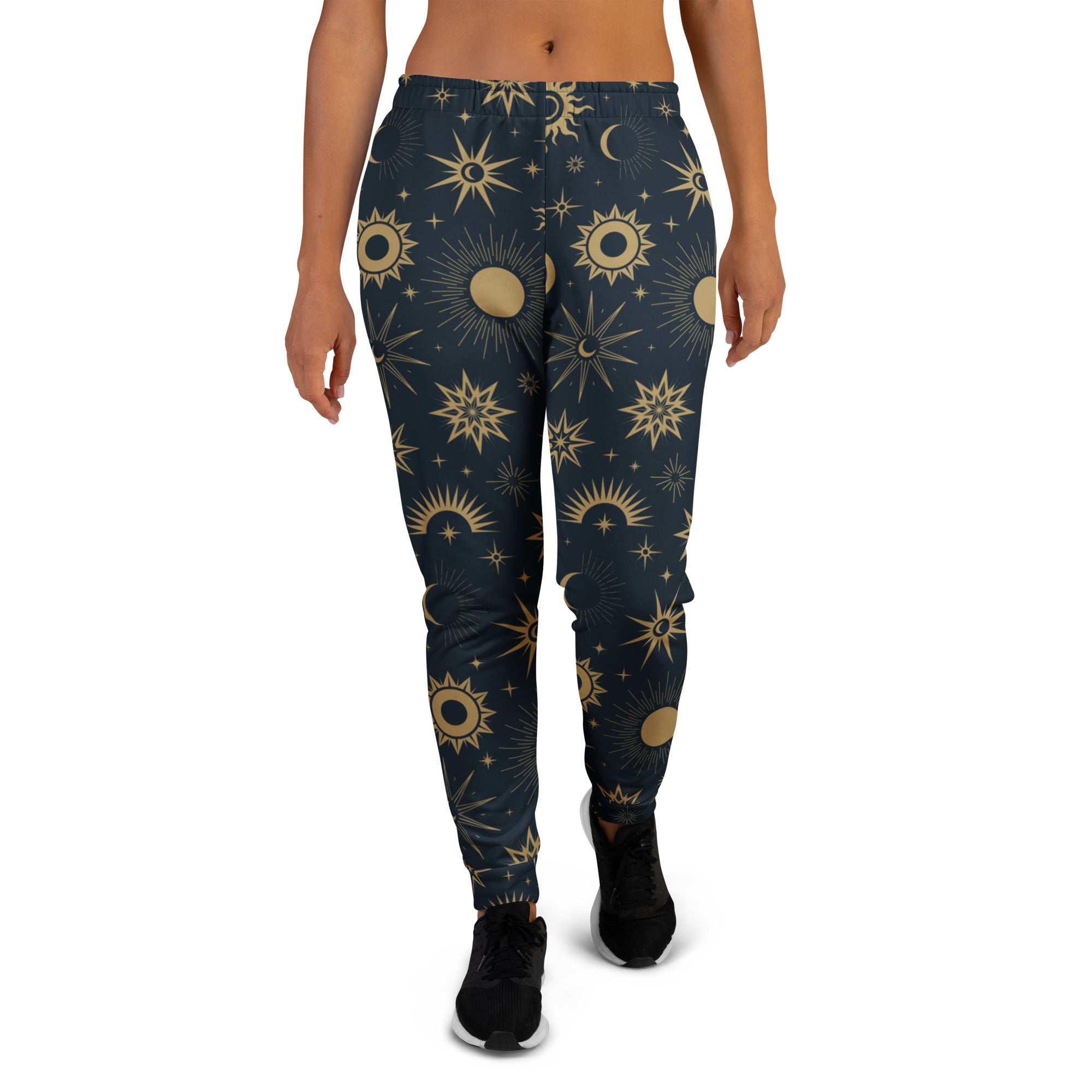 Dark blue women’s jogger pants with gold celestial sun moon star print cozy brushed recycled fleece