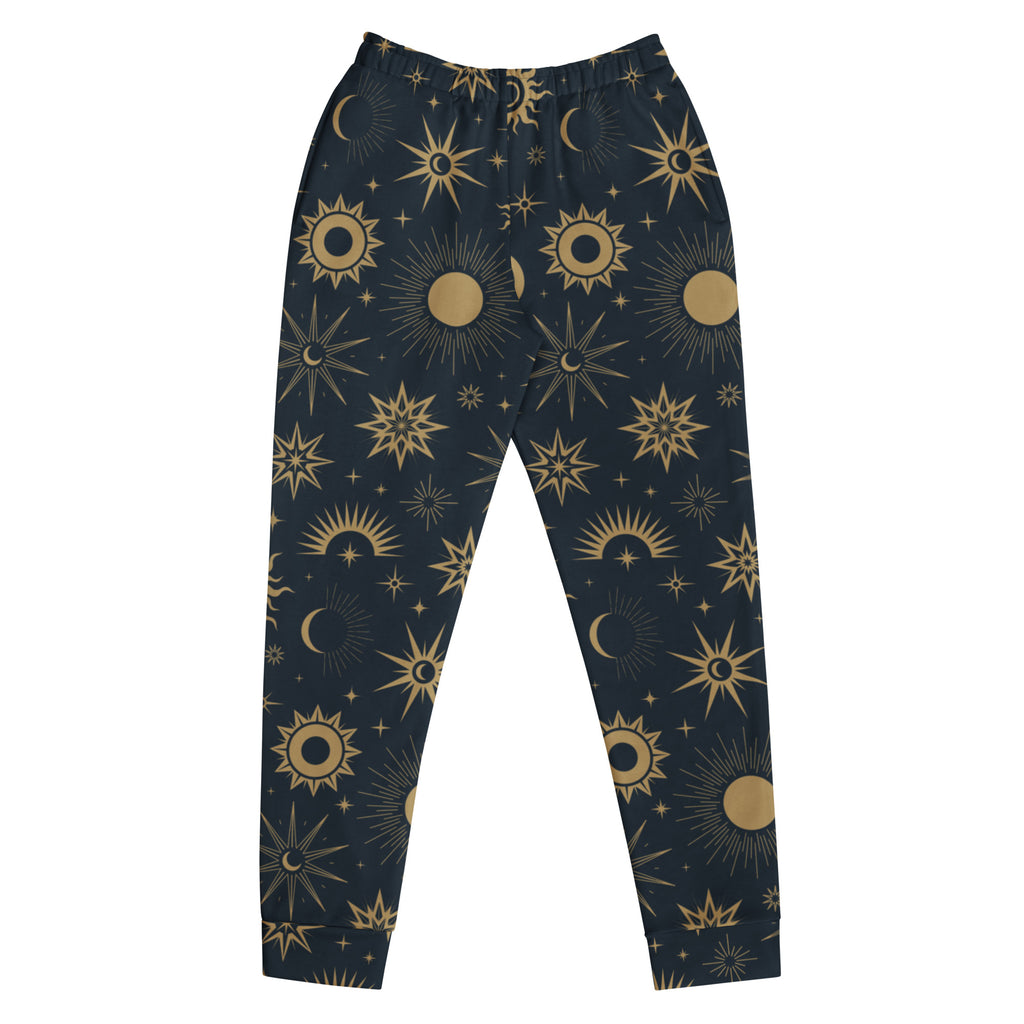 Dark blue women’s celestial sun and moon recycled jogger pants with pockets and cozy brushed fleece inside