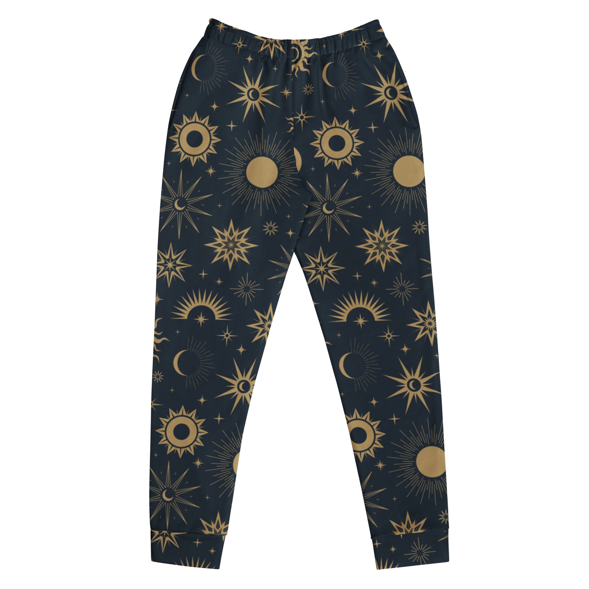 Dark blue women’s celestial sun and moon recycled jogger pants with pockets and cozy brushed fleece inside