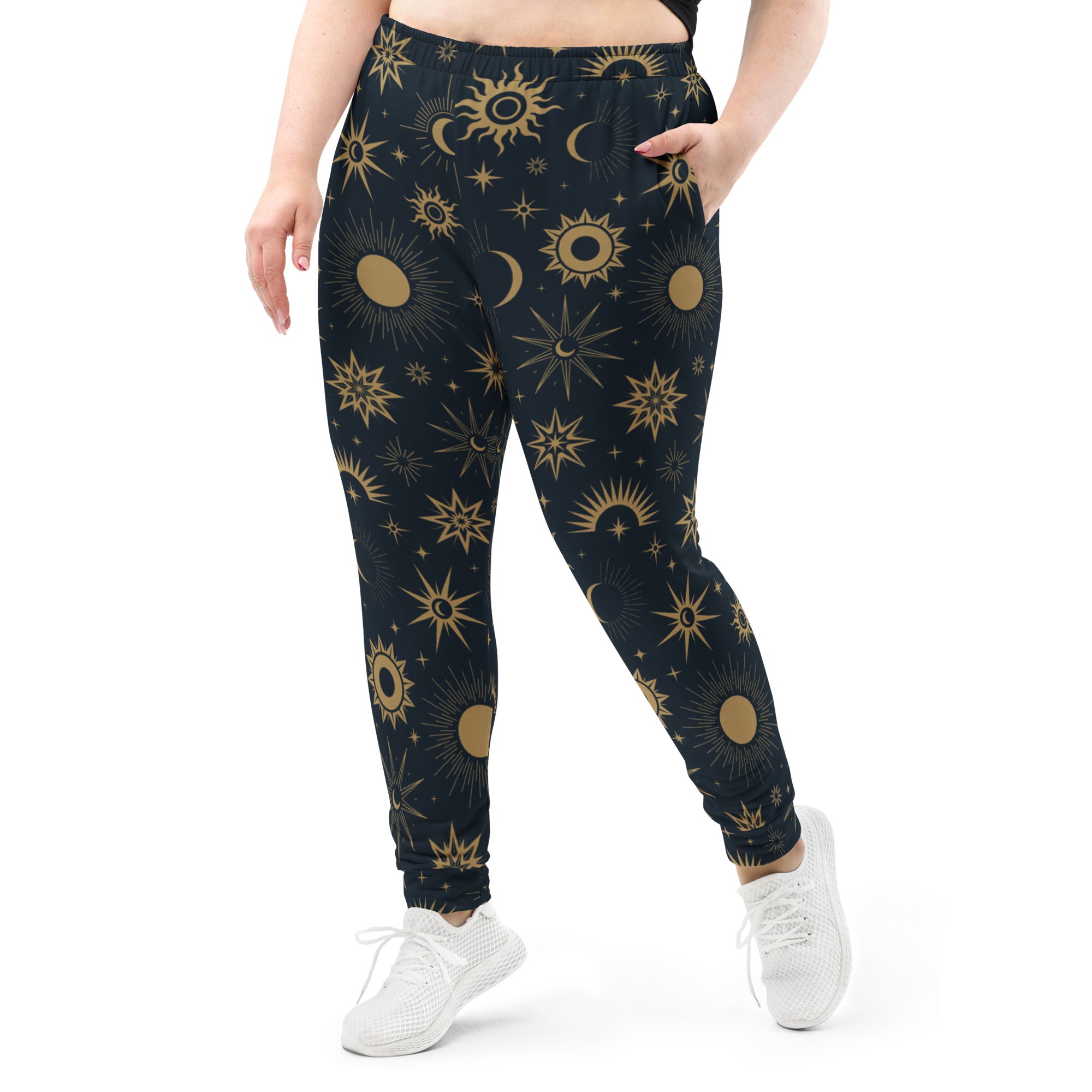 Dark blue women’s jogger pants with gold celestial sun moon star pattern cozy brushed fleece pockets