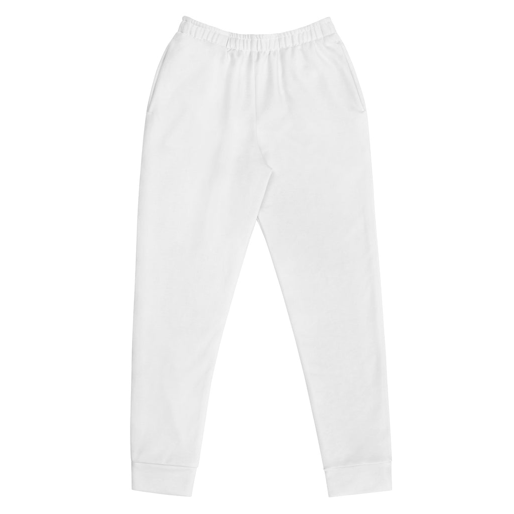 Women’s white recycled cotton jogger pants with elastic waistband ribbed cuffs and cozy brushed fleece inside