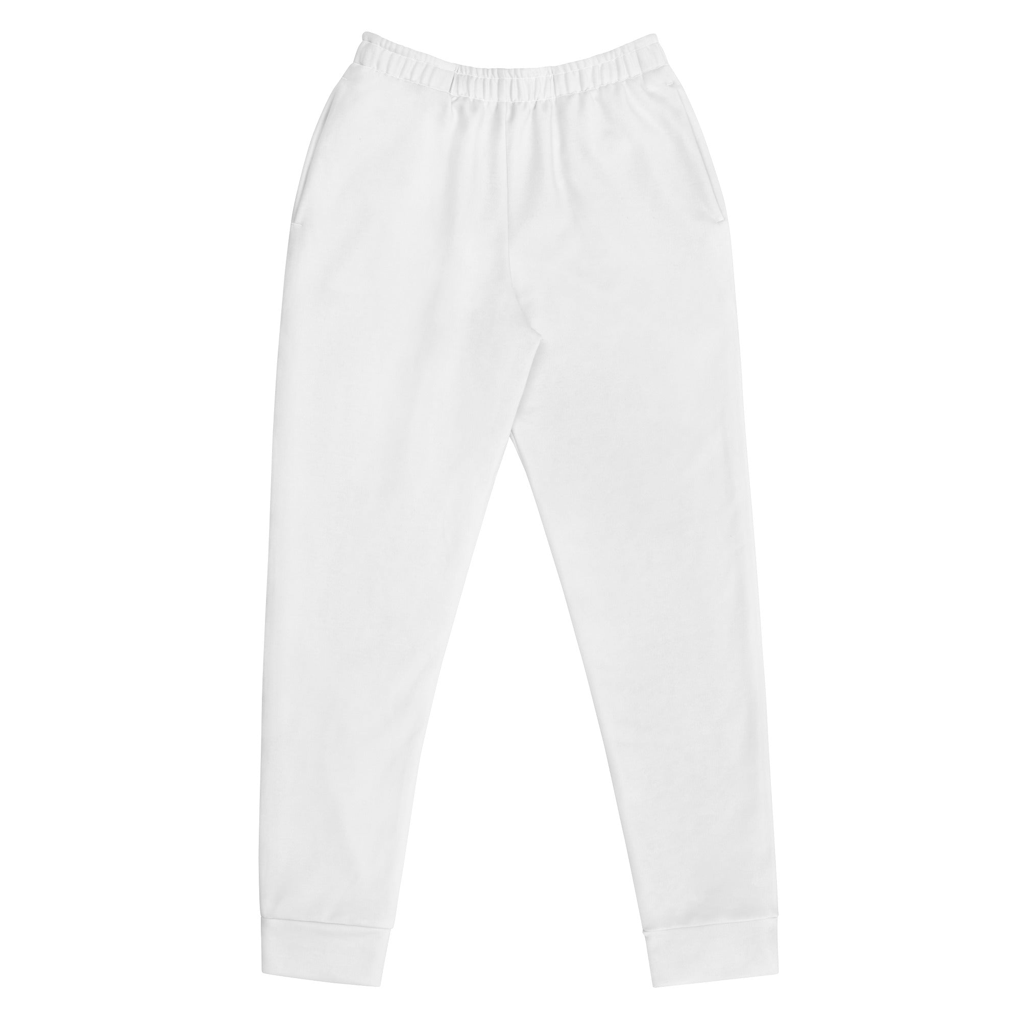 Women’s white recycled cotton jogger pants with elastic waistband ribbed cuffs and cozy brushed fleece inside