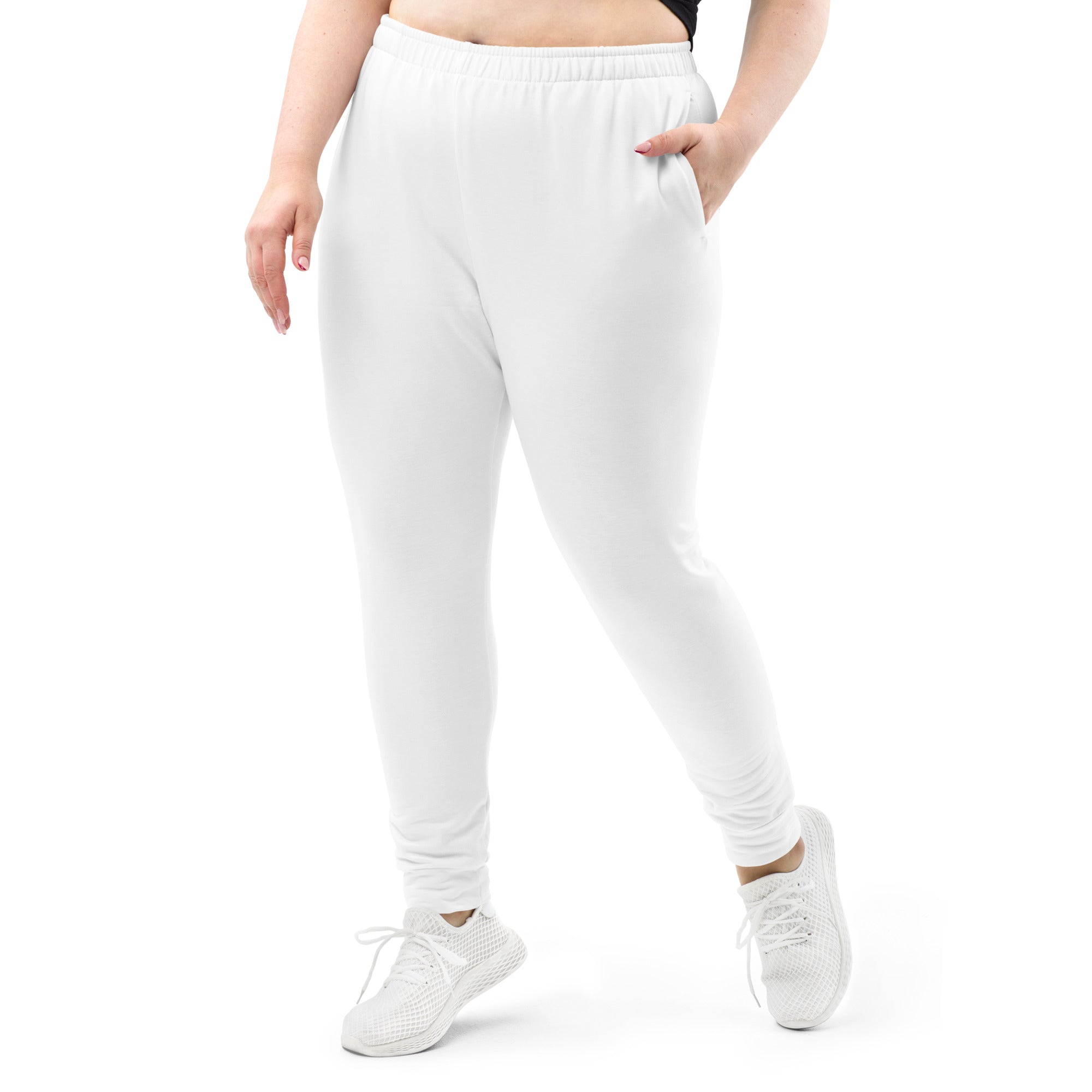 Women’s white plus-size jogger pants with soft stretchy recycled fabric elastic waistband and cozy brushed inside fleece