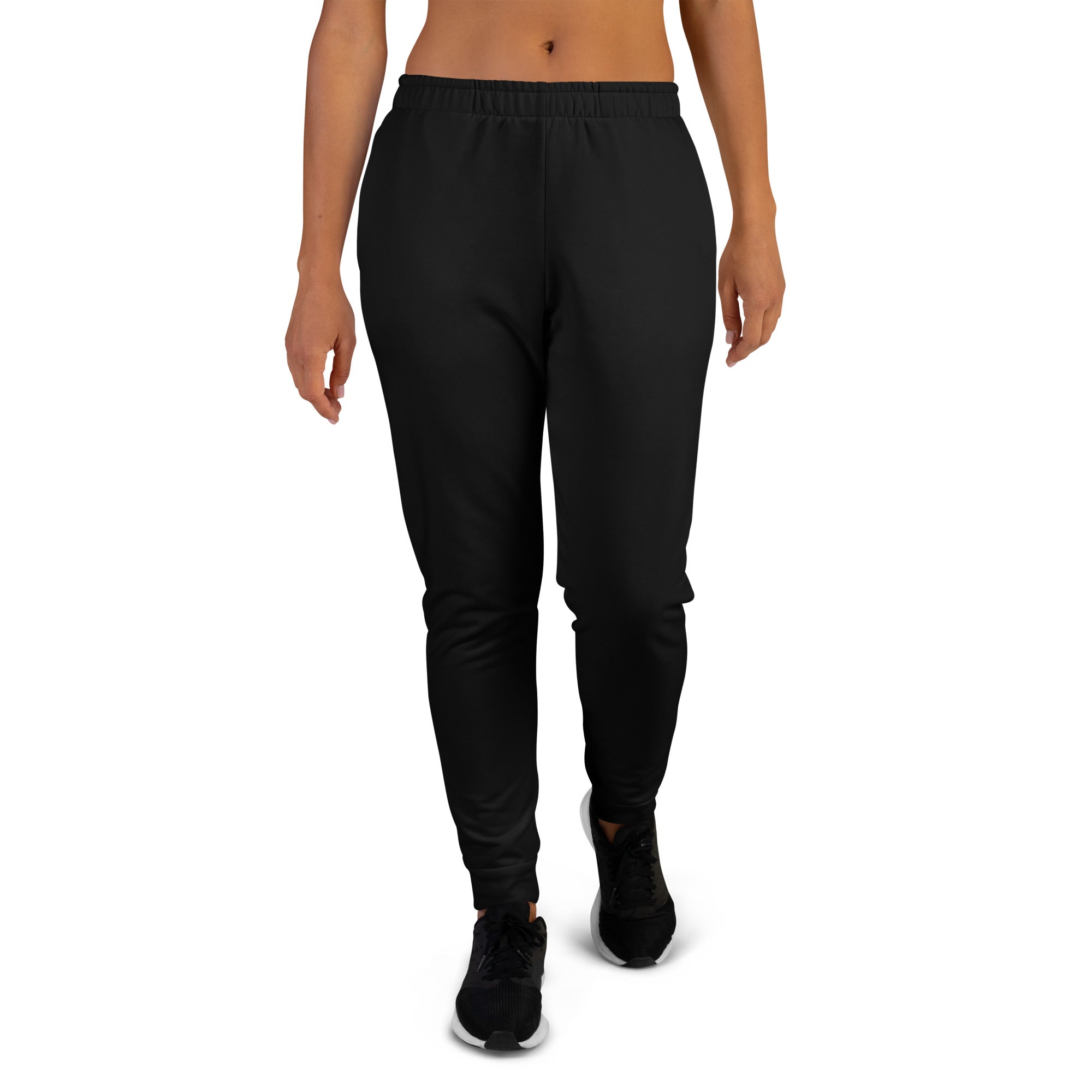 Women’s black recycled jogger pants with elastic waistband tapered legs pockets and cozy brushed fleece inside