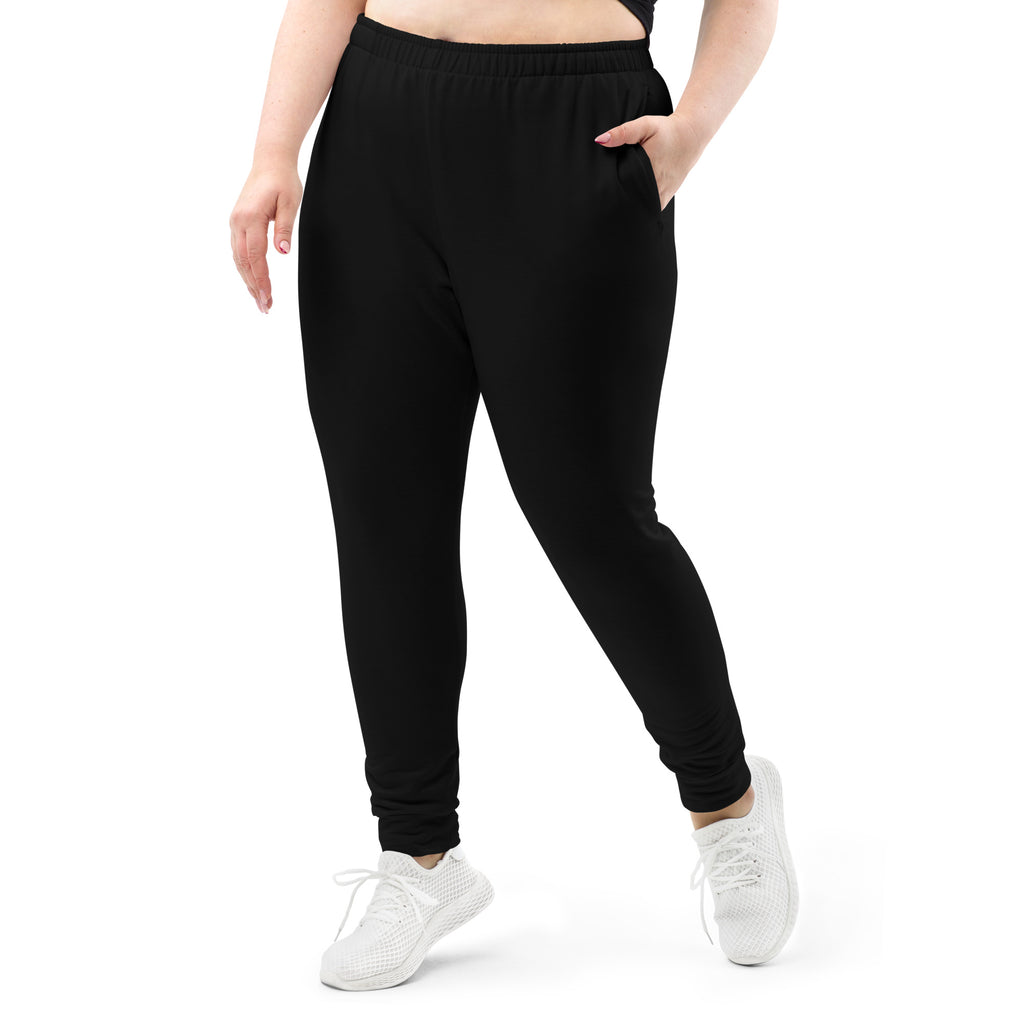 Women’s black recycled jogger pants with elastic waistband cuffed ankles pockets and cozy brushed inside fleece