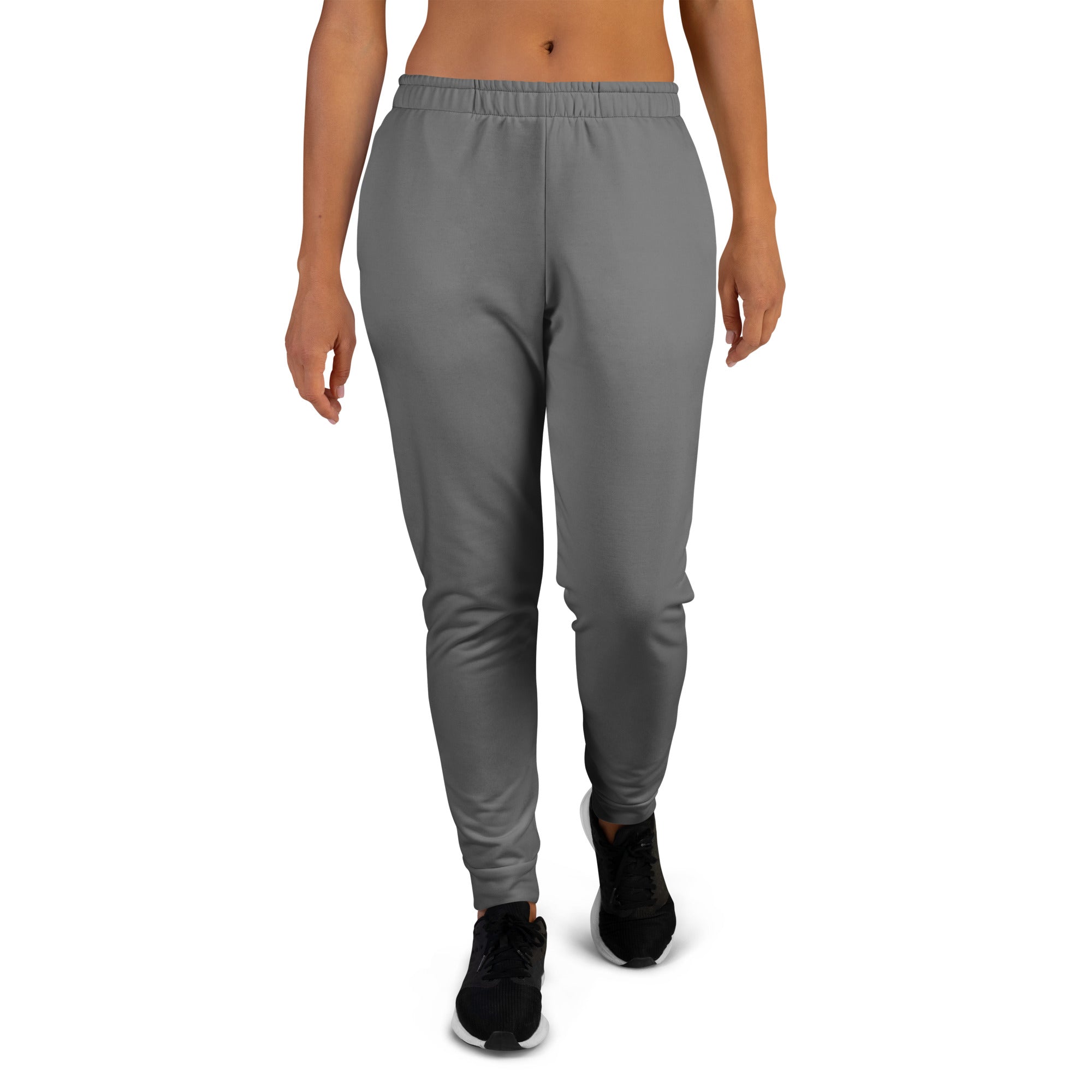 Women’s gray recycled jogger pants with soft stretchy fabric elastic waistband and cozy brushed inside fleece lining