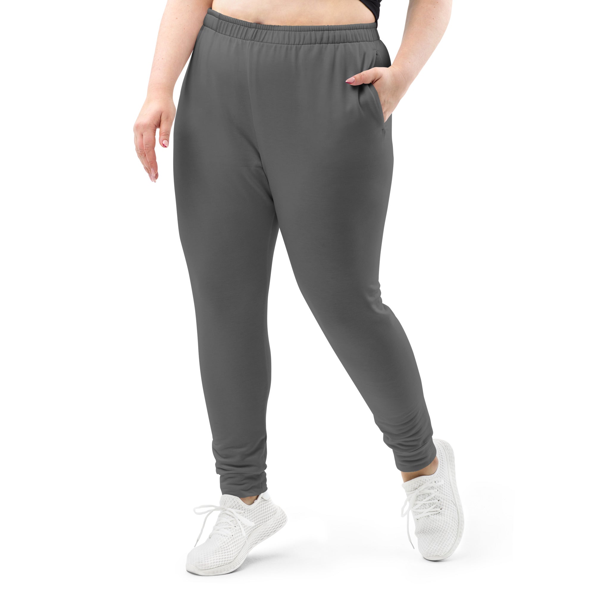 Women’s dark gray recycled jogger pants with elastic waistband cuffed ankles and cozy brushed inside fleece lining