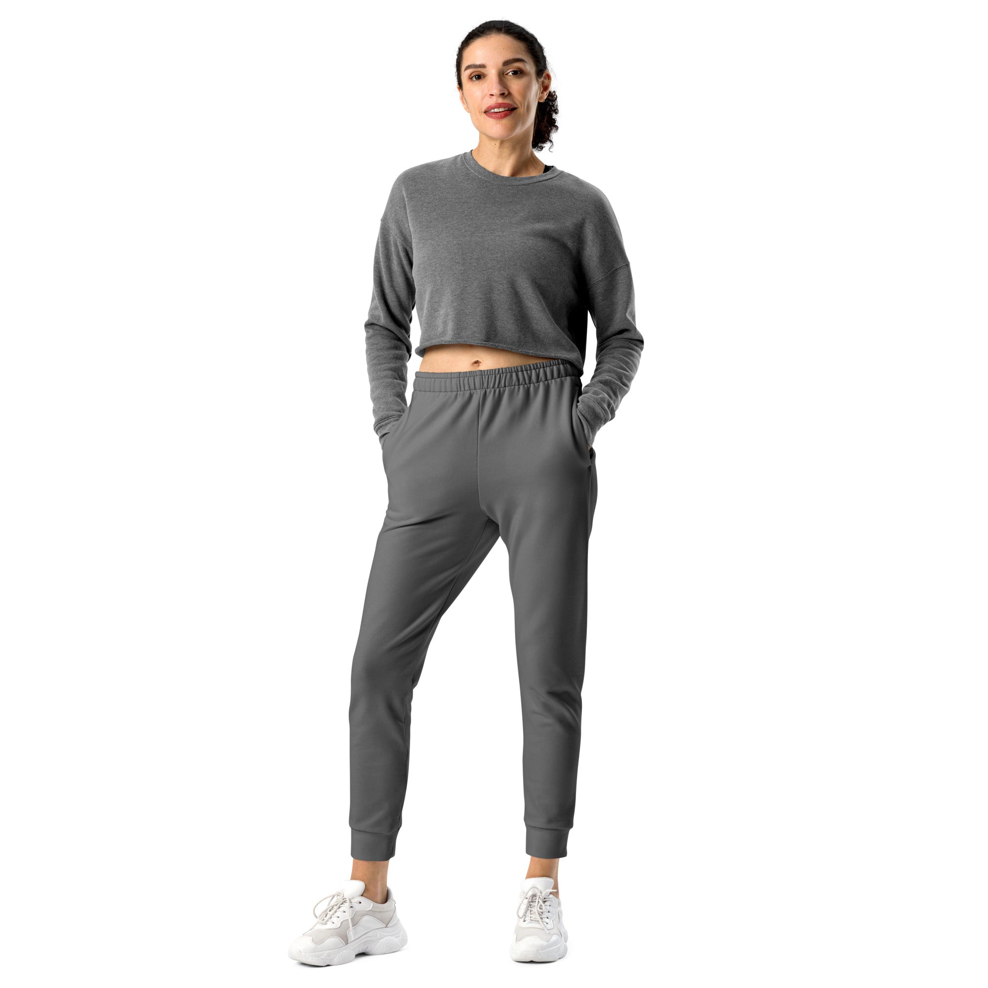 Women’s gray cropped long-sleeve sweatshirt with elastic waistband and side pockets made from cozy recycled fleece
