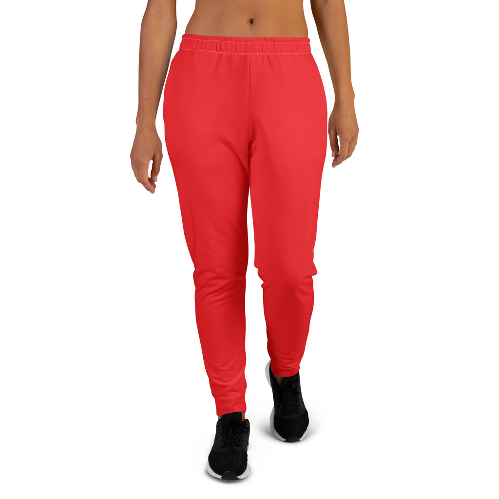 Women’s red recycled jogger pants with soft brushed fleece inside elastic waistband and tapered cuffs with pockets