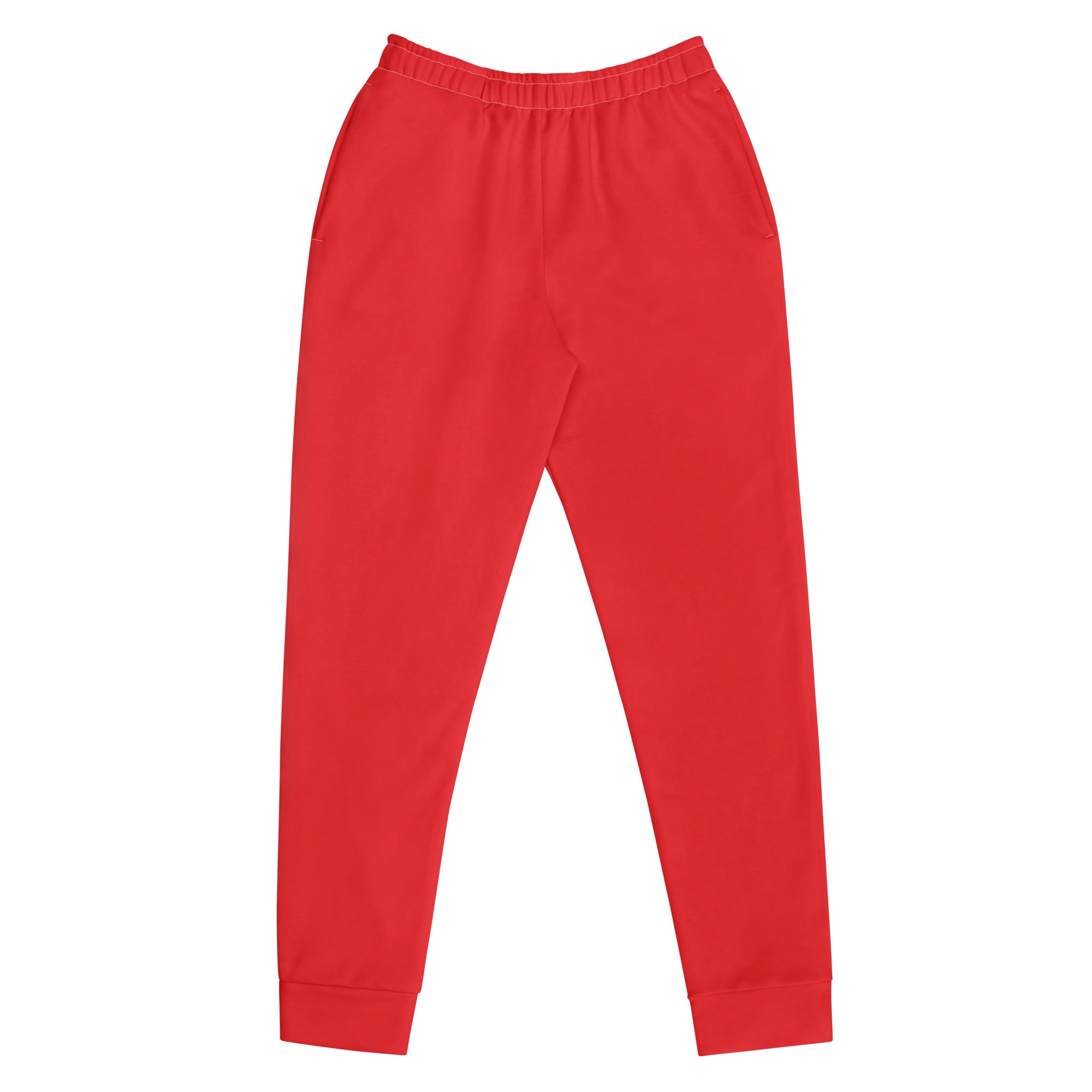 Women’s red recycled jogger pants with elastic waistband ribbed cuffs and cozy brushed inside fleece lining