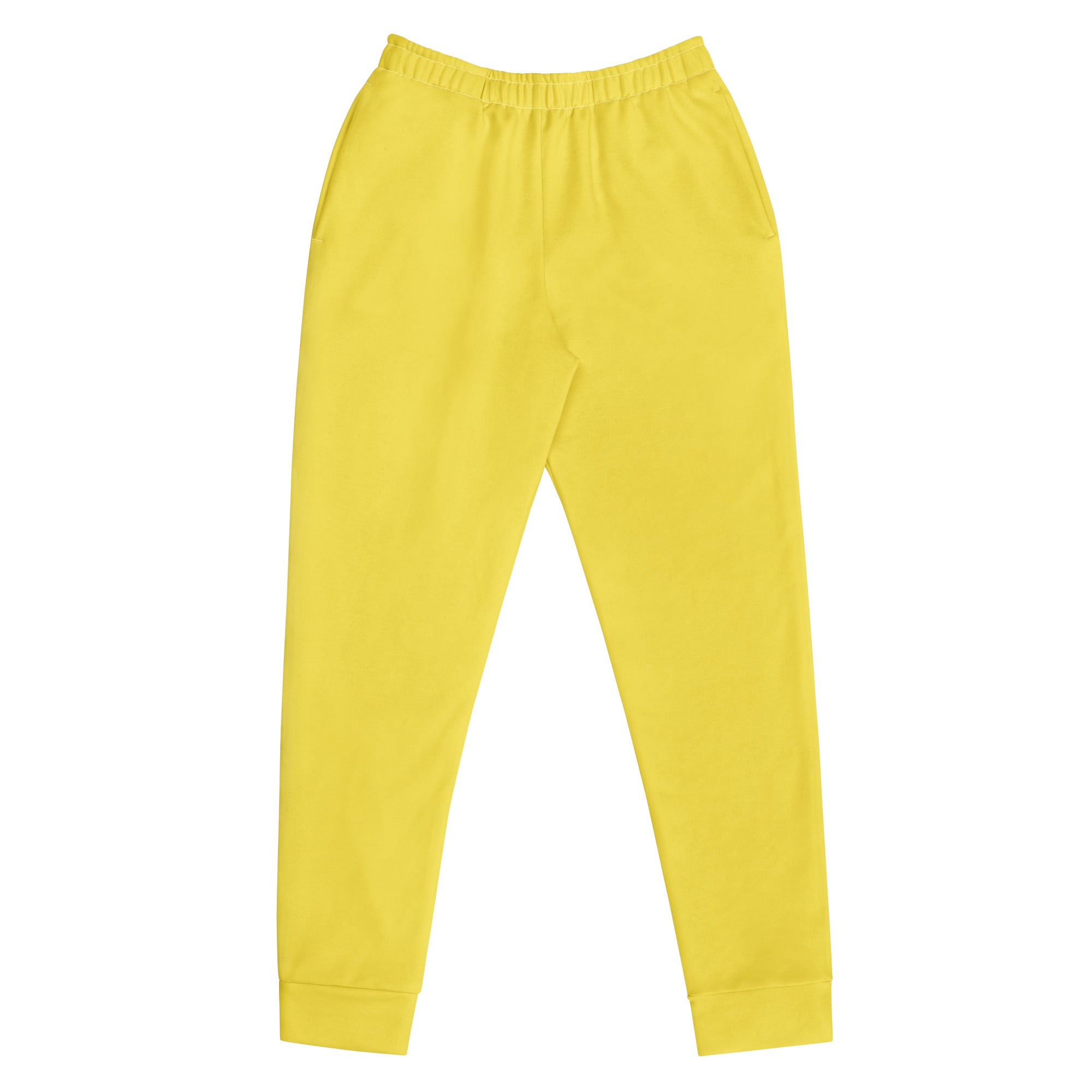Women’s yellow recycled jogger pants with elastic waistband ribbed cuffs cozy brushed inside fleece pockets