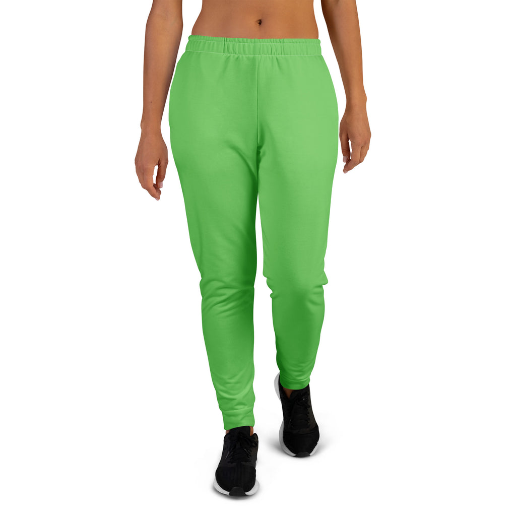 Women’s green recycled jogger pants with soft stretchy fabric elastic waistband and cozy brushed inside fleece