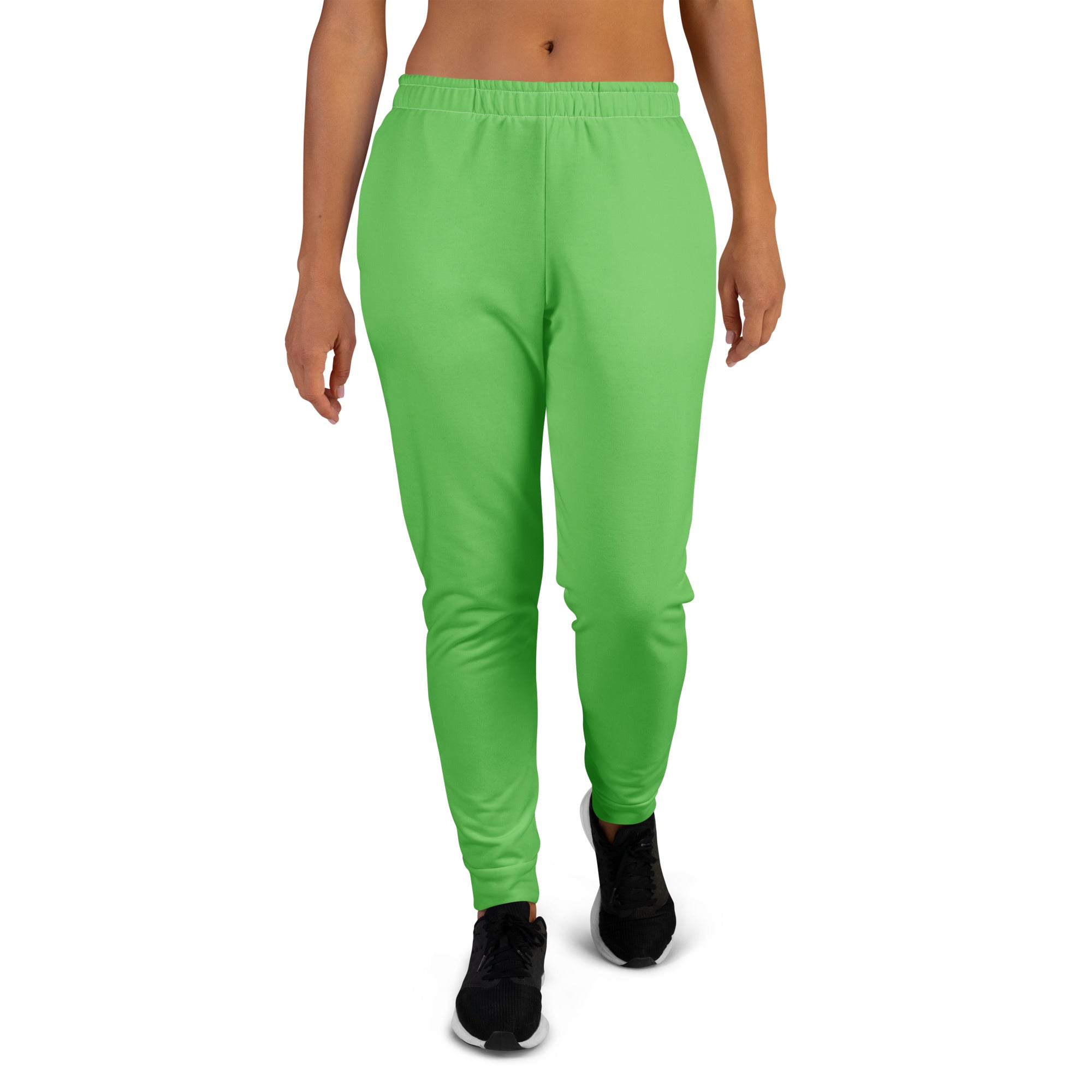 Women’s green recycled jogger pants with soft stretchy fabric elastic waistband and cozy brushed inside fleece