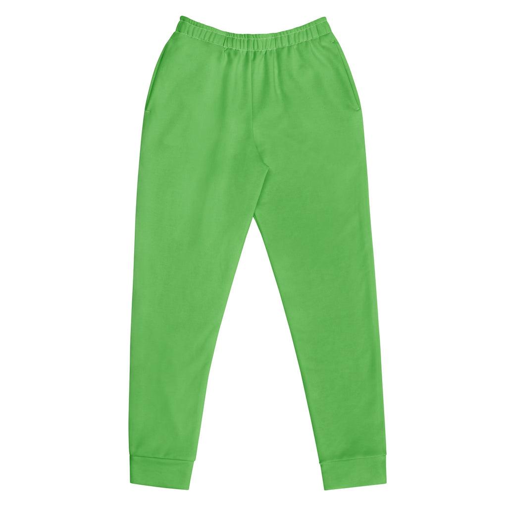 Bright green women’s recycled jogger pants with elastic waistband ribbed cuffs and cozy brushed inside fleece