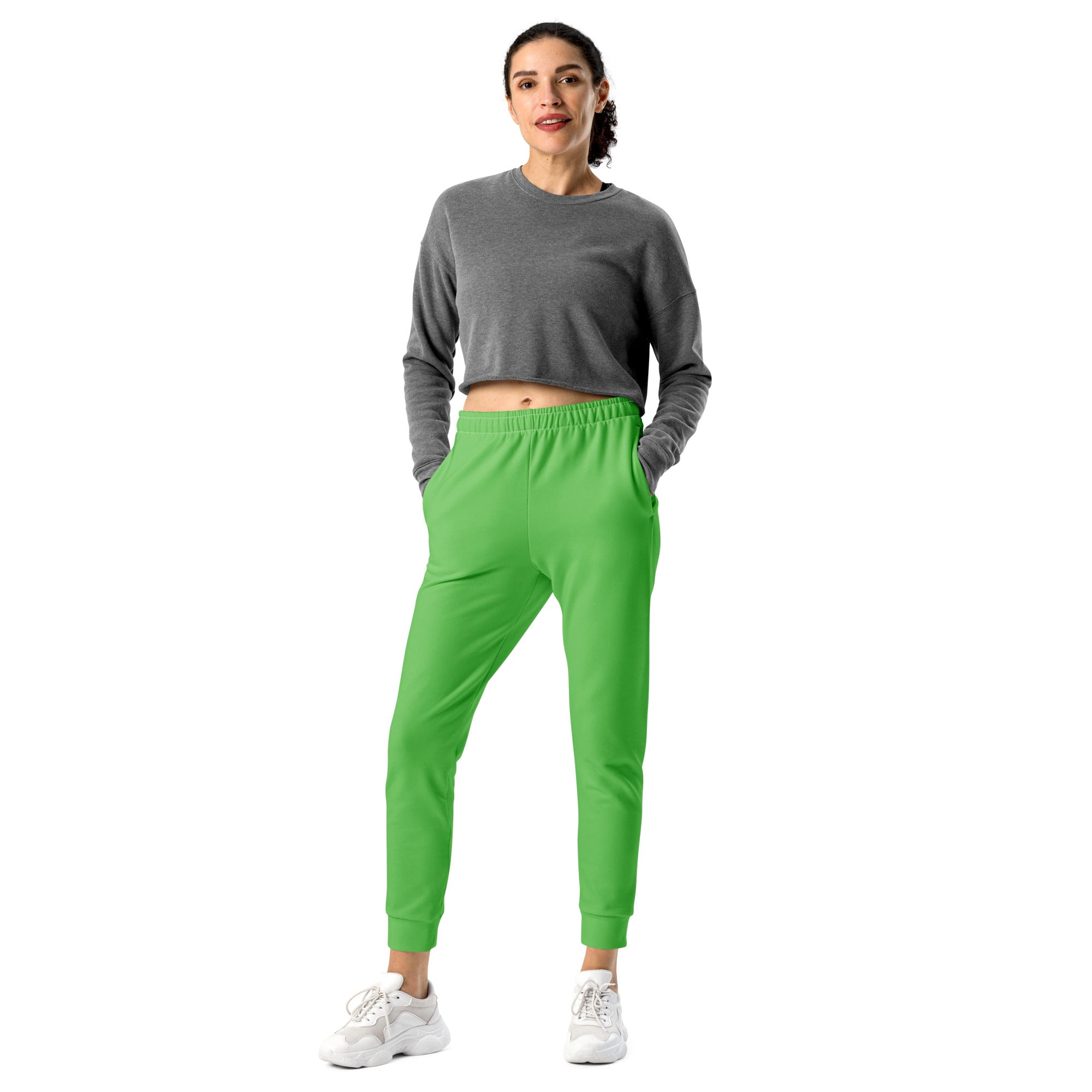 Women’s bright green recycled jogger pants with elastic waistband ribbed cuffs and cozy brushed inside fleece