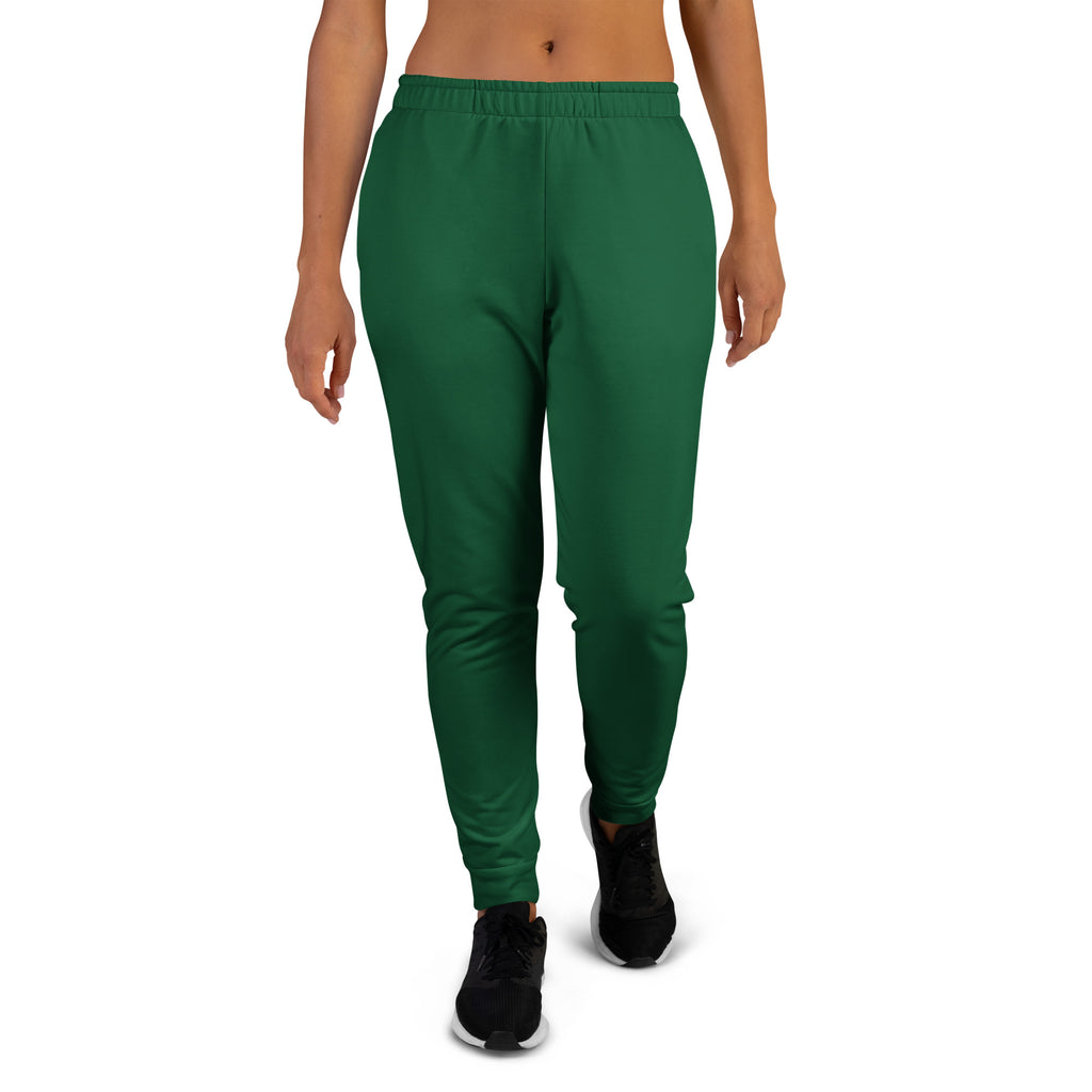 Women’s dark green recycled jogger pants with comfortable elastic waistband tapered legs and cozy brushed fleece inside