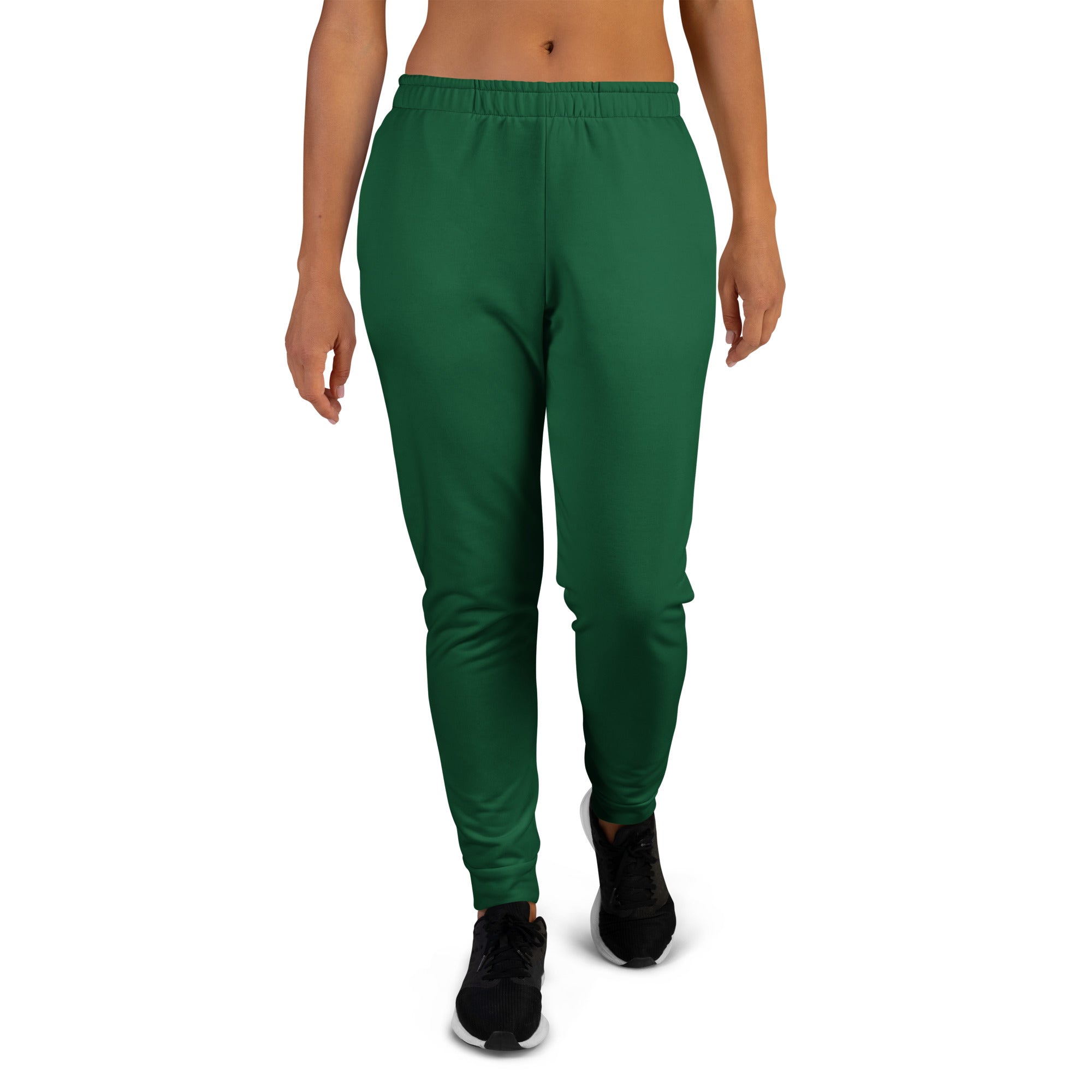Women’s dark green recycled jogger pants with comfortable elastic waistband tapered legs and cozy brushed fleece inside