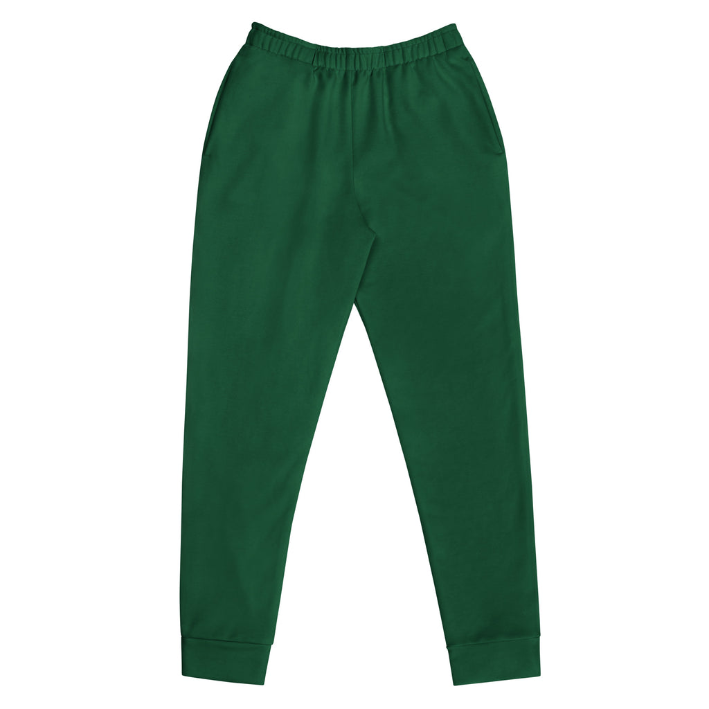 Women’s dark green recycled jogger pants with elastic waist and ribbed cuffs cozy brushed inside fleece
