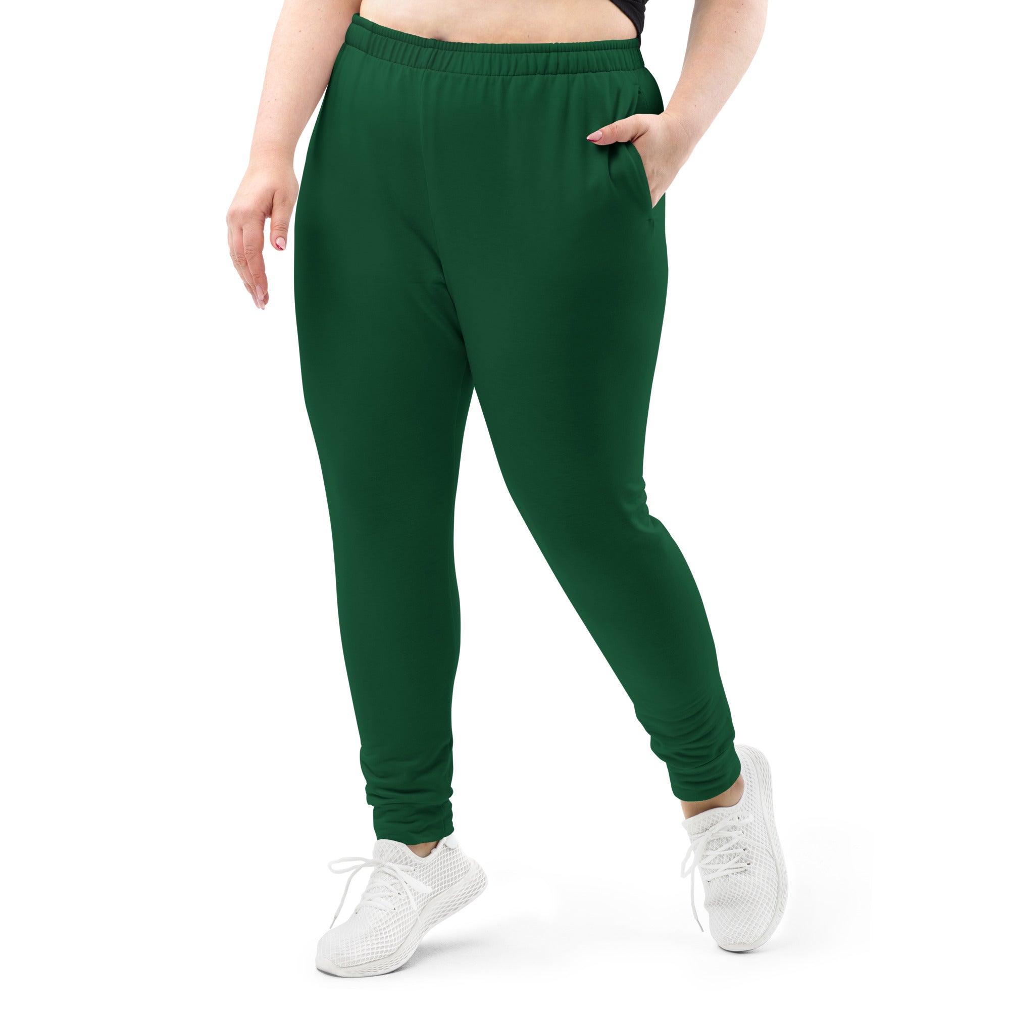 Women’s dark green recycled jogger pants with elastic waistband cuffed ankles and cozy brushed inside fleece lining