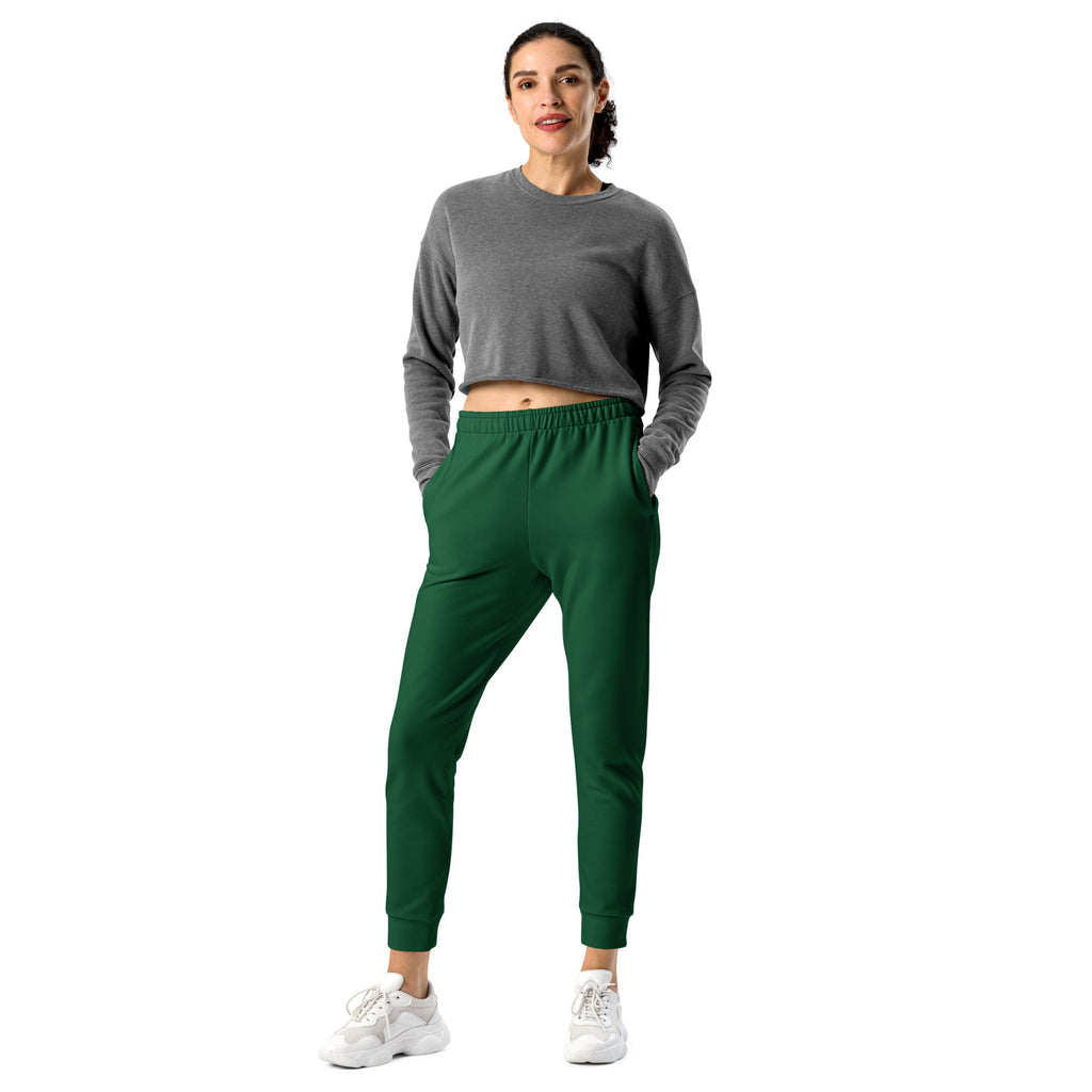 Women’s dark green recycled jogger pants with pockets featuring cozy brushed inside fleece and soft textured fabric