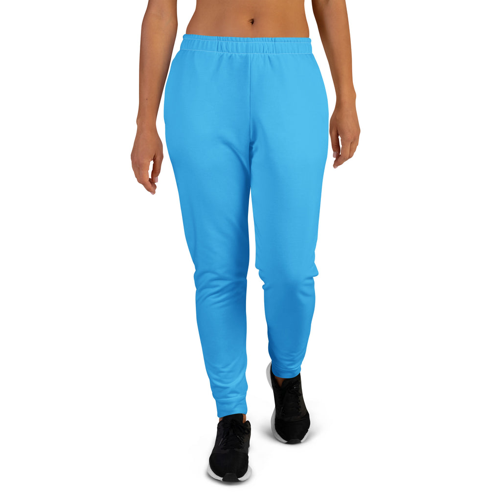 Women’s sky blue recycled jogger pants with soft stretchy fabric elastic waistband and cozy brushed inside fleece pockets