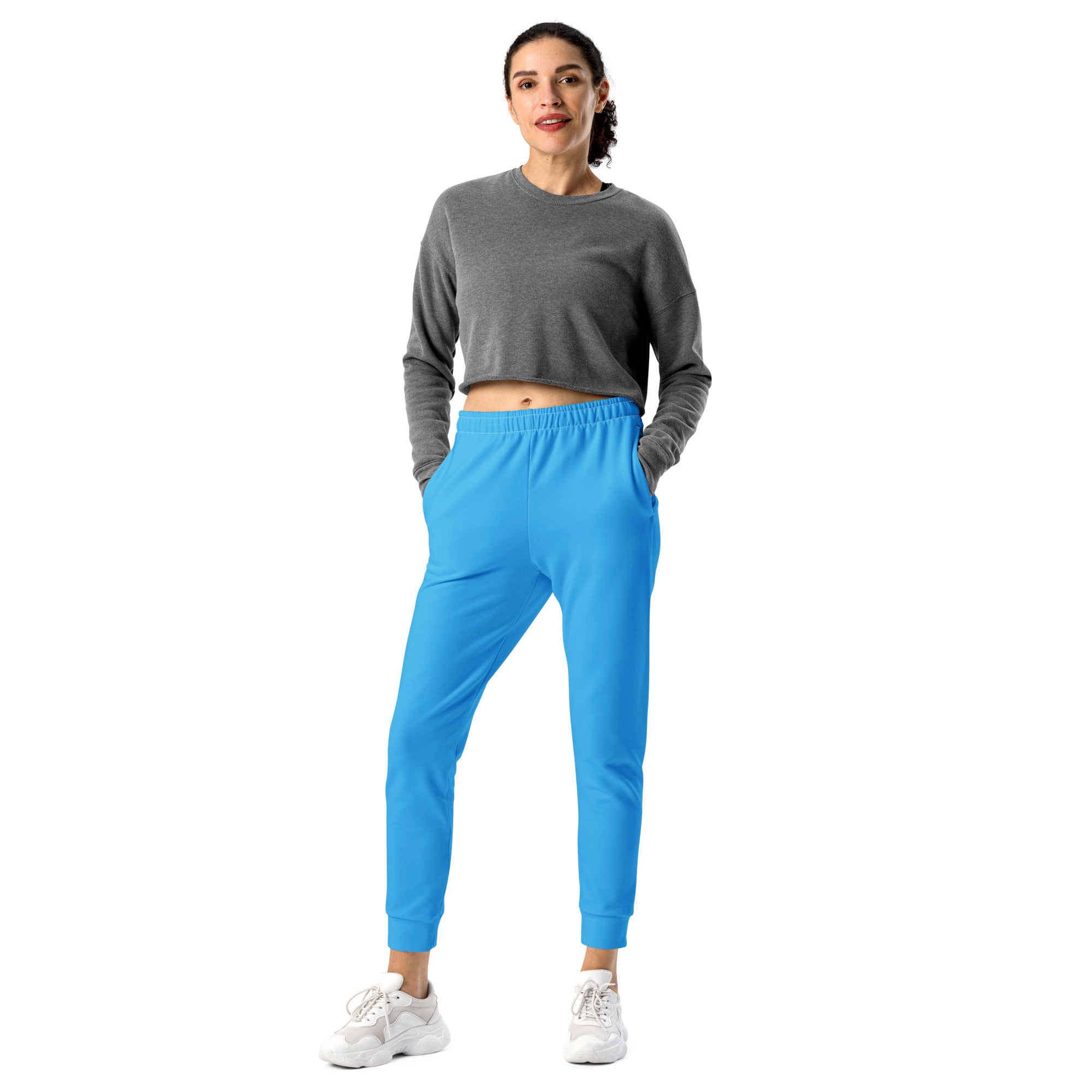 Women’s sky blue recycled jogger pants with elastic waistband tapered cuffs and cozy brushed inside fleece lining