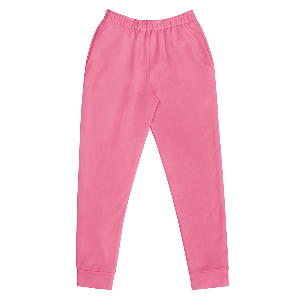 Women’s pink recycled jogger pants with pockets featuring an elastic waistband and ribbed cuffs with cozy brushed fleece inside