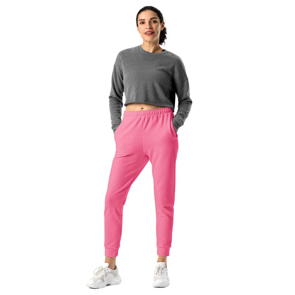 Women’s bright pink recycled jogger pants with elastic waistband tapered legs and cozy brushed inside fleece lining