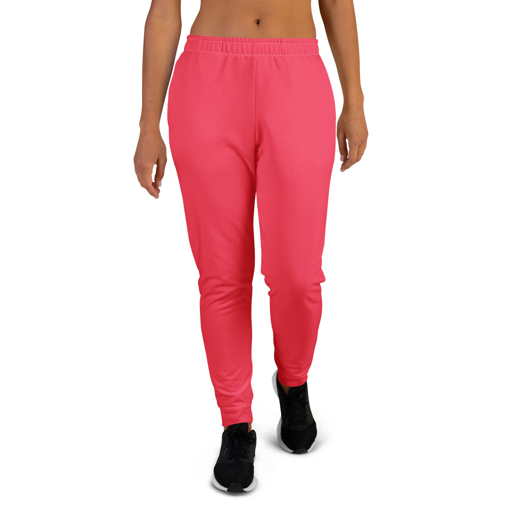 Women’s bright pink recycled jogger pants with soft stretchy fabric elastic waistband and cozy brushed inside fleece