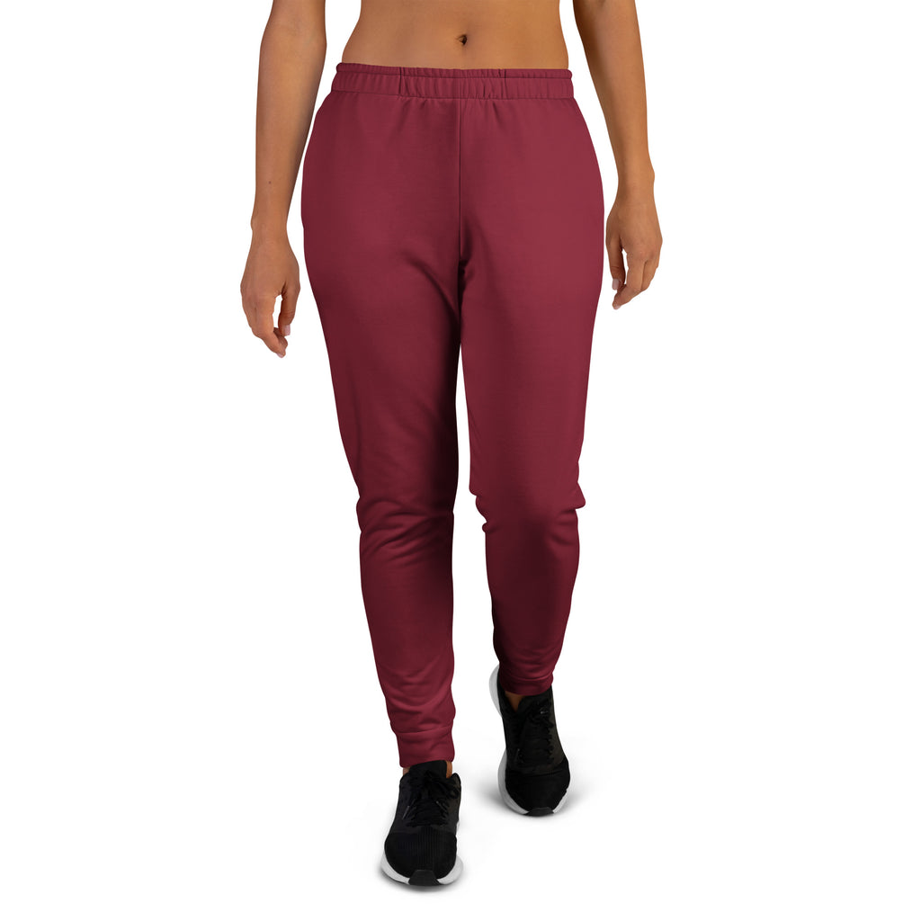 Women’s burgundy recycled jogger pants with elastic waistband tapered legs cozy brushed fleece inside and pockets