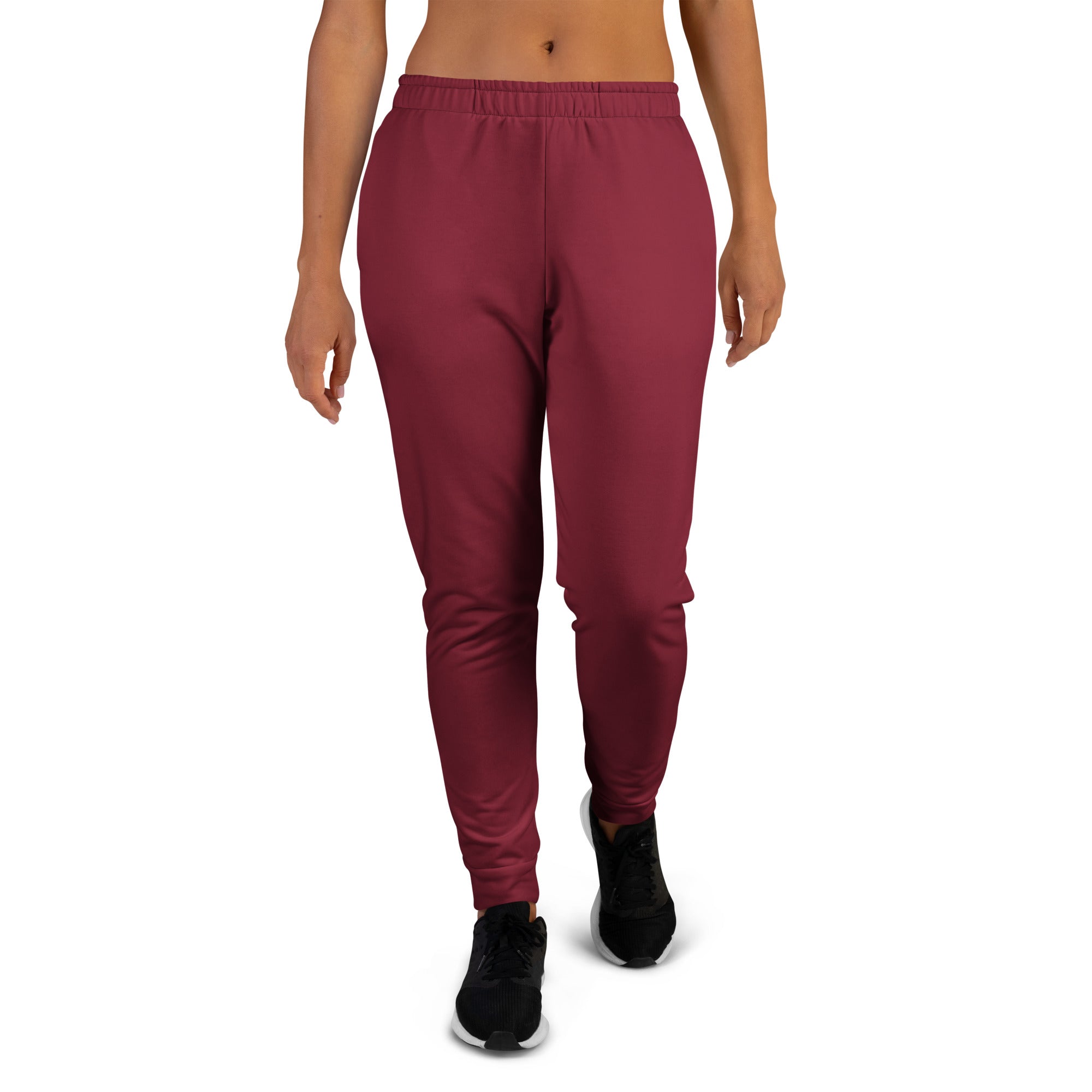 Women’s burgundy recycled jogger pants with elastic waistband tapered legs cozy brushed fleece inside and pockets