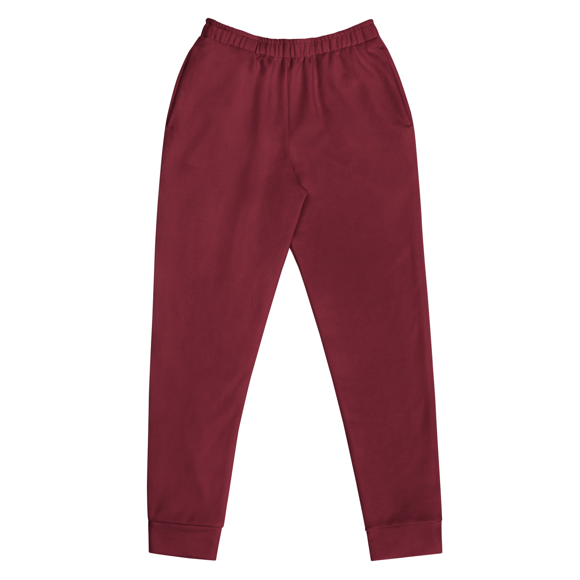 Women’s burgundy recycled jogger pants with elastic waistband ribbed cuffs pockets and cozy brushed inside fleece