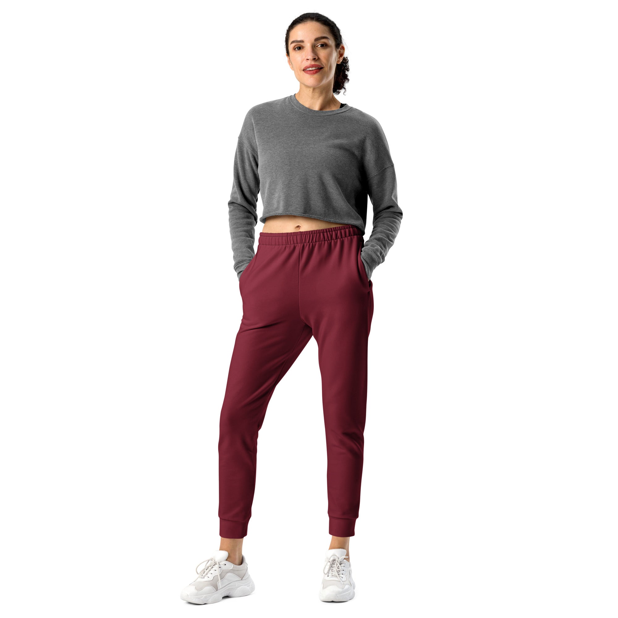 Women’s burgundy recycled jogger pants with elastic waistband tapered legs and cozy brushed inside fleece lining