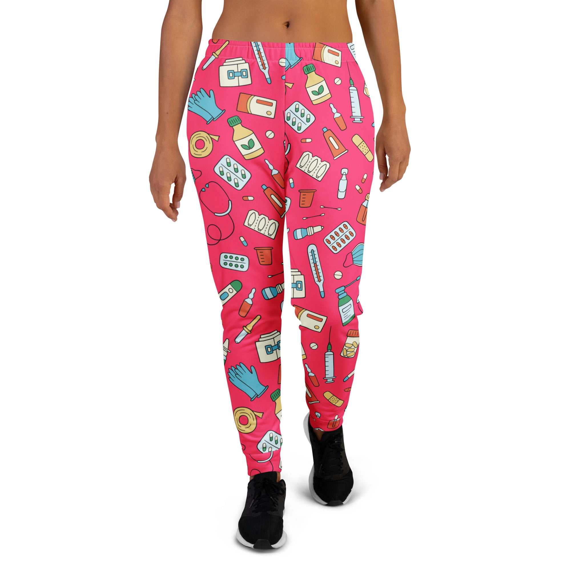 Women’s bright pink medical print recycled jogger pants with playful cartoon supplies and cozy brushed fleece lining